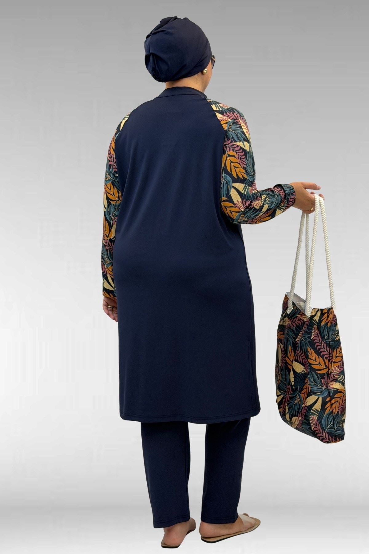 1733 Büyük Beden Fermuarlı Tesettür Mayo - Yaprak Desen Hardal-Laci