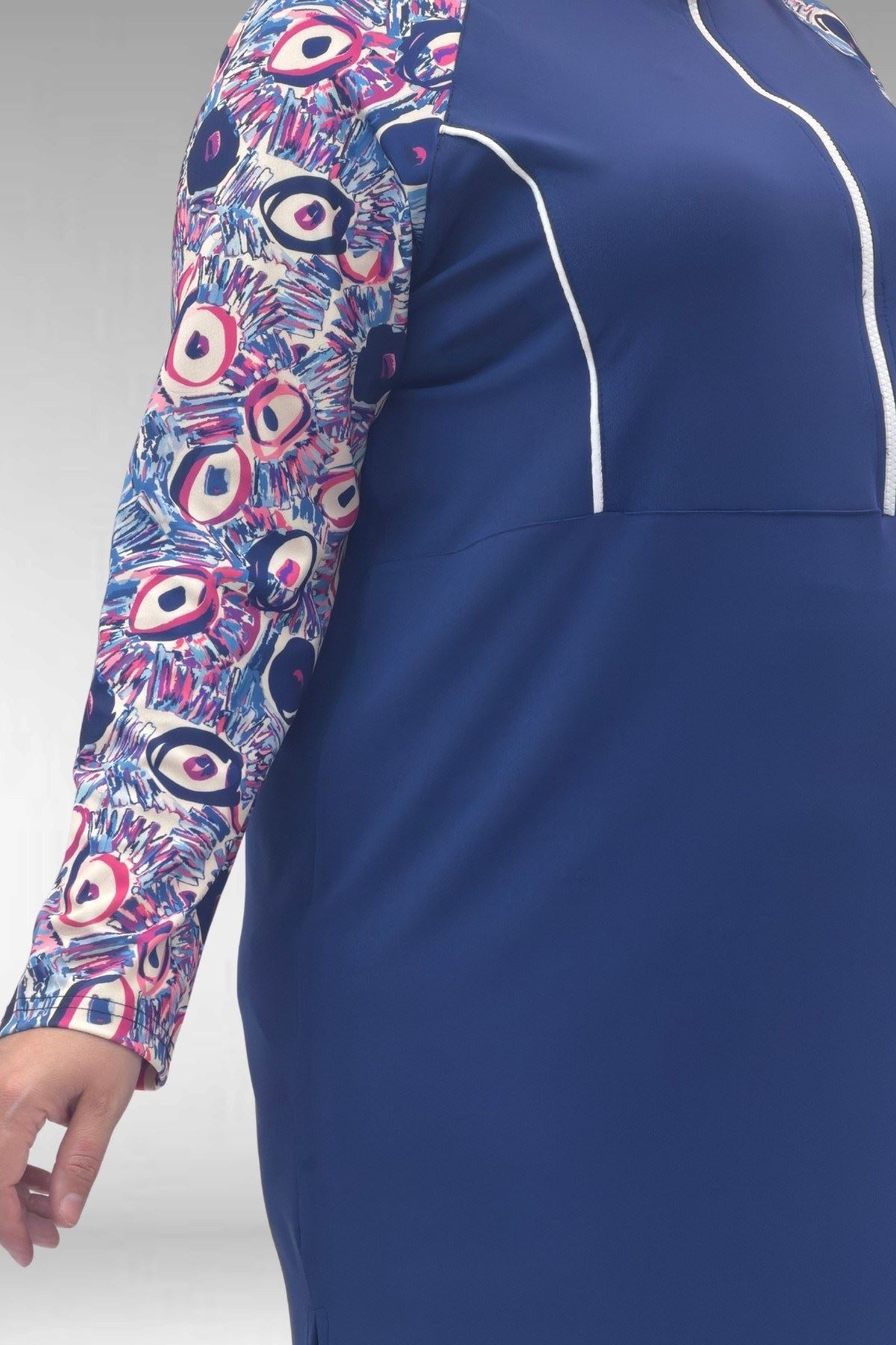 1733 Büyük Beden Fermuarlı Tesettür Mayo - Göz Desen İndigo-İndigo