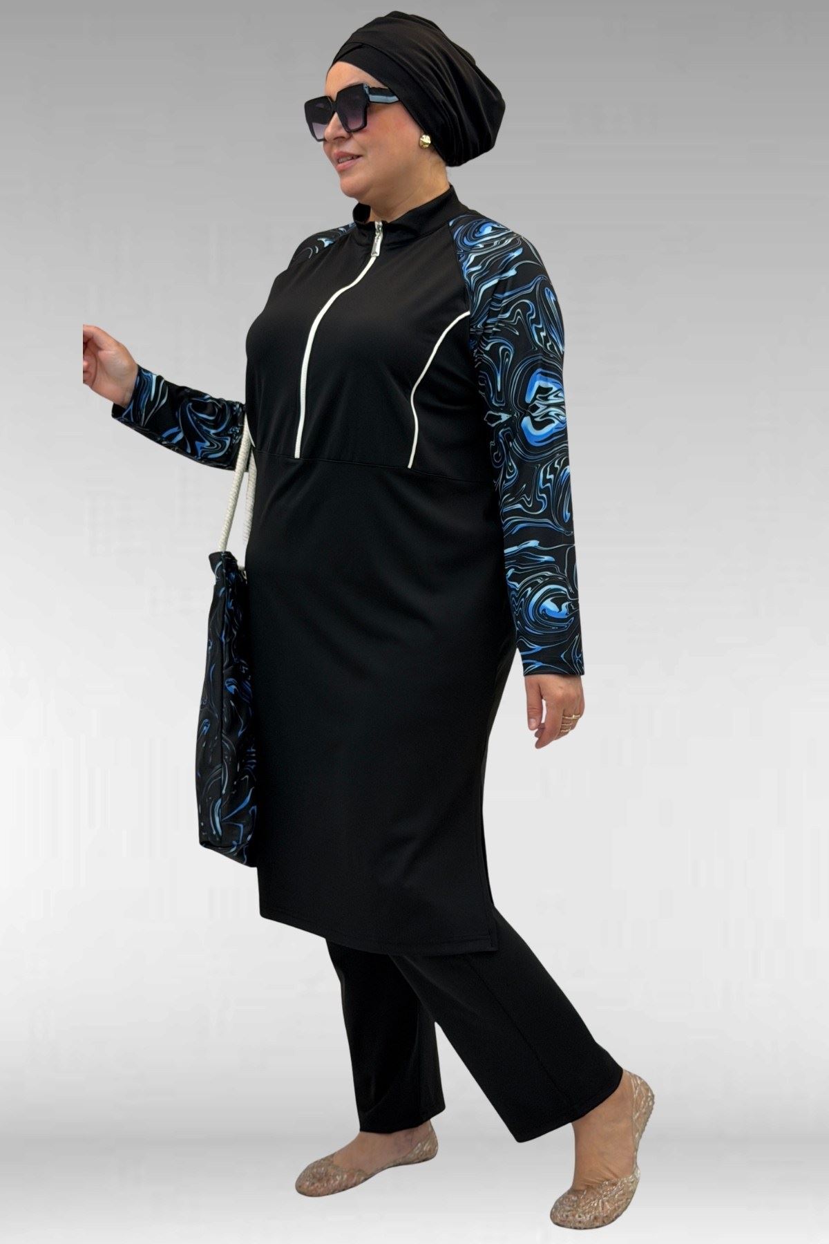 1733 Büyük Beden Fermuarlı Tesettür Mayo - Aqua Mavi-Siyah