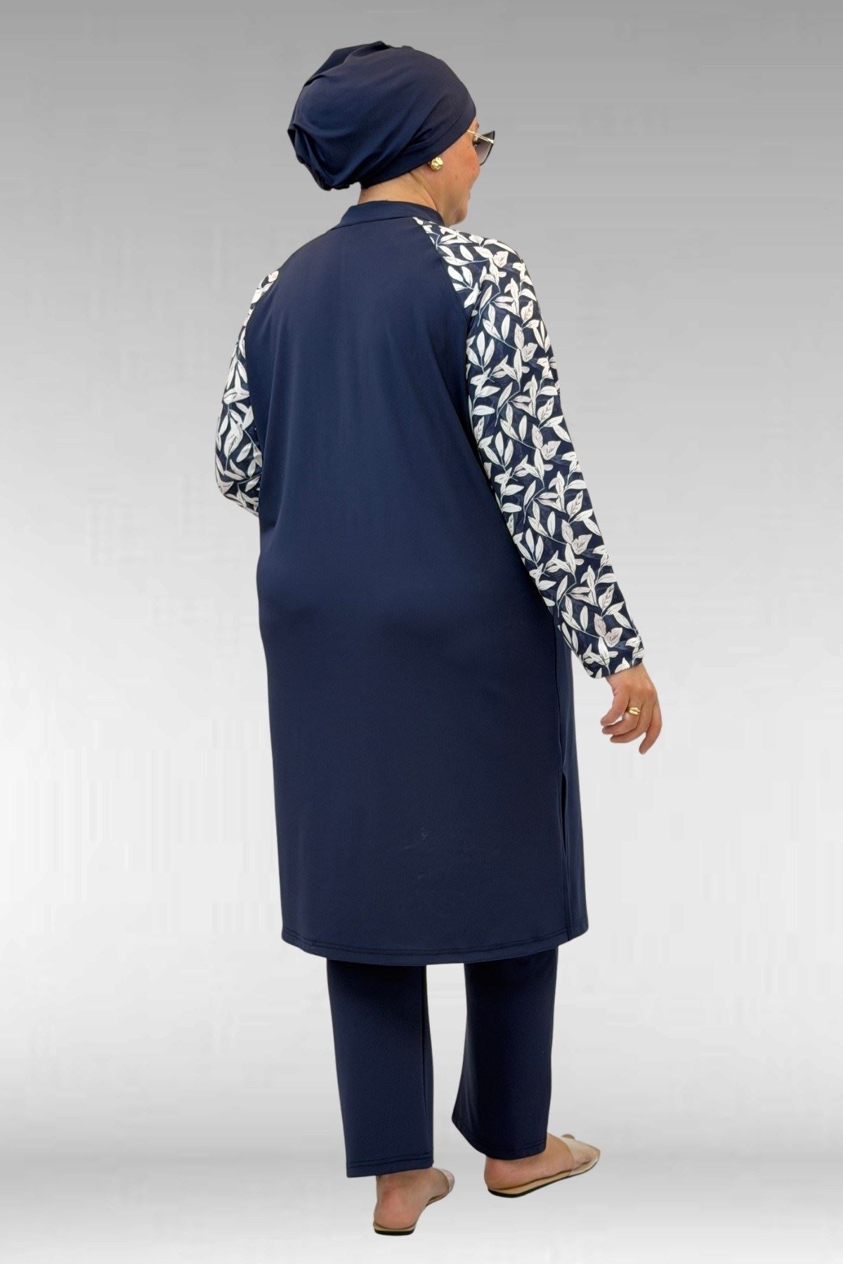 1733 Büyük Beden Fermuarlı Tesettür Mayo - Yaprak Desen Ekru-Laci