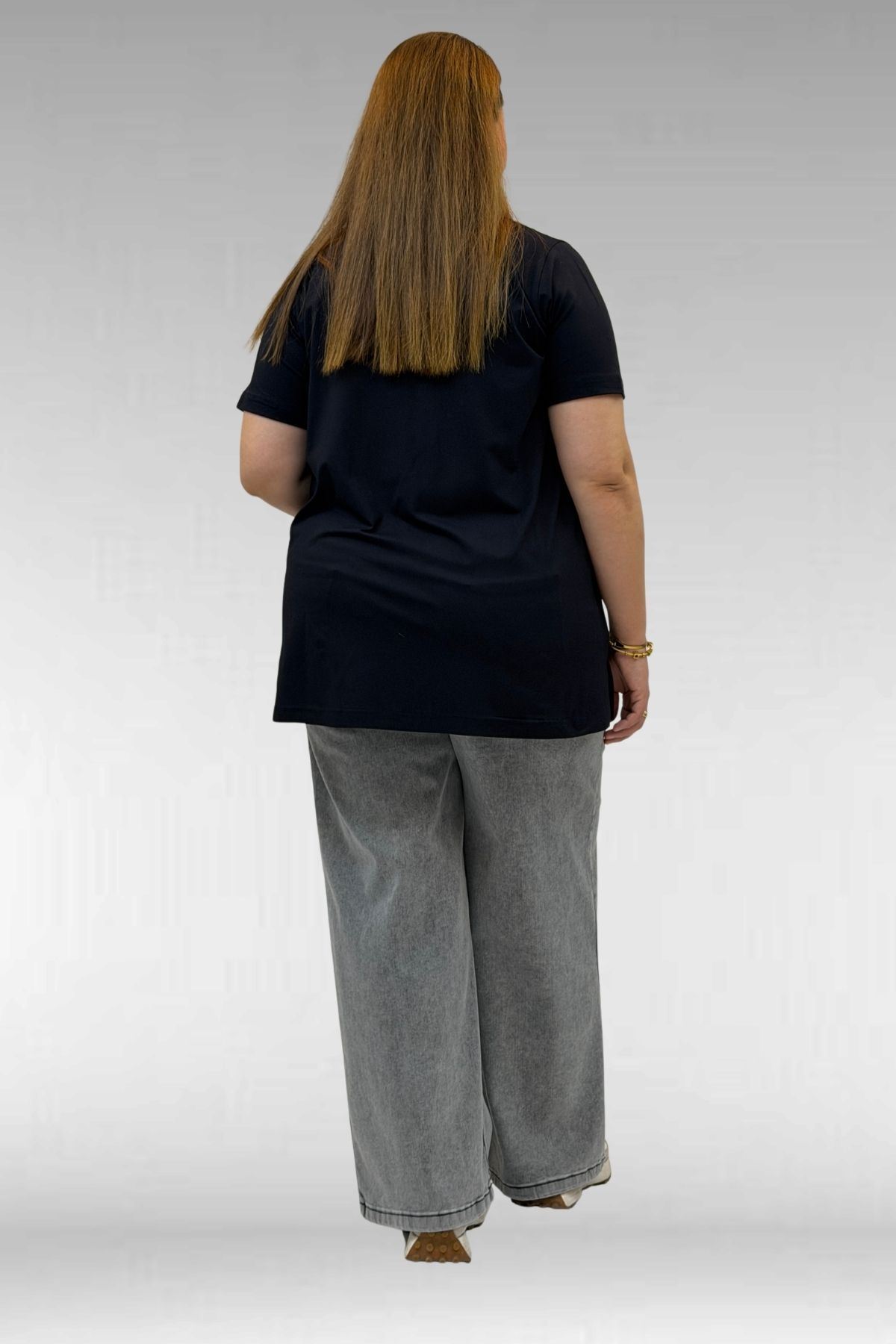 58507 Büyük Beden Yakası Biyeli Penye Tişört - Siyah