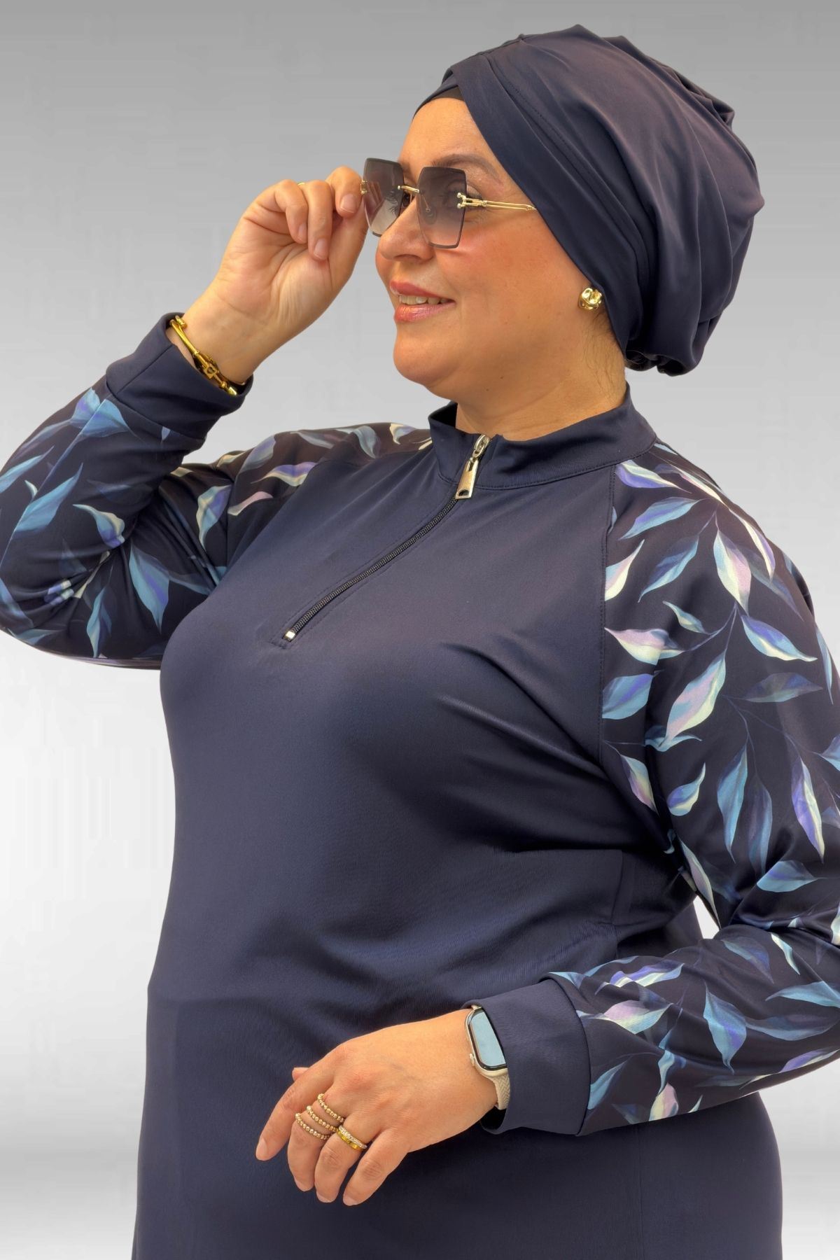 1732 Büyük Beden Balıkçı Yaka Fermuarlı Mayo - Laci Yaprak Desenli-Laci