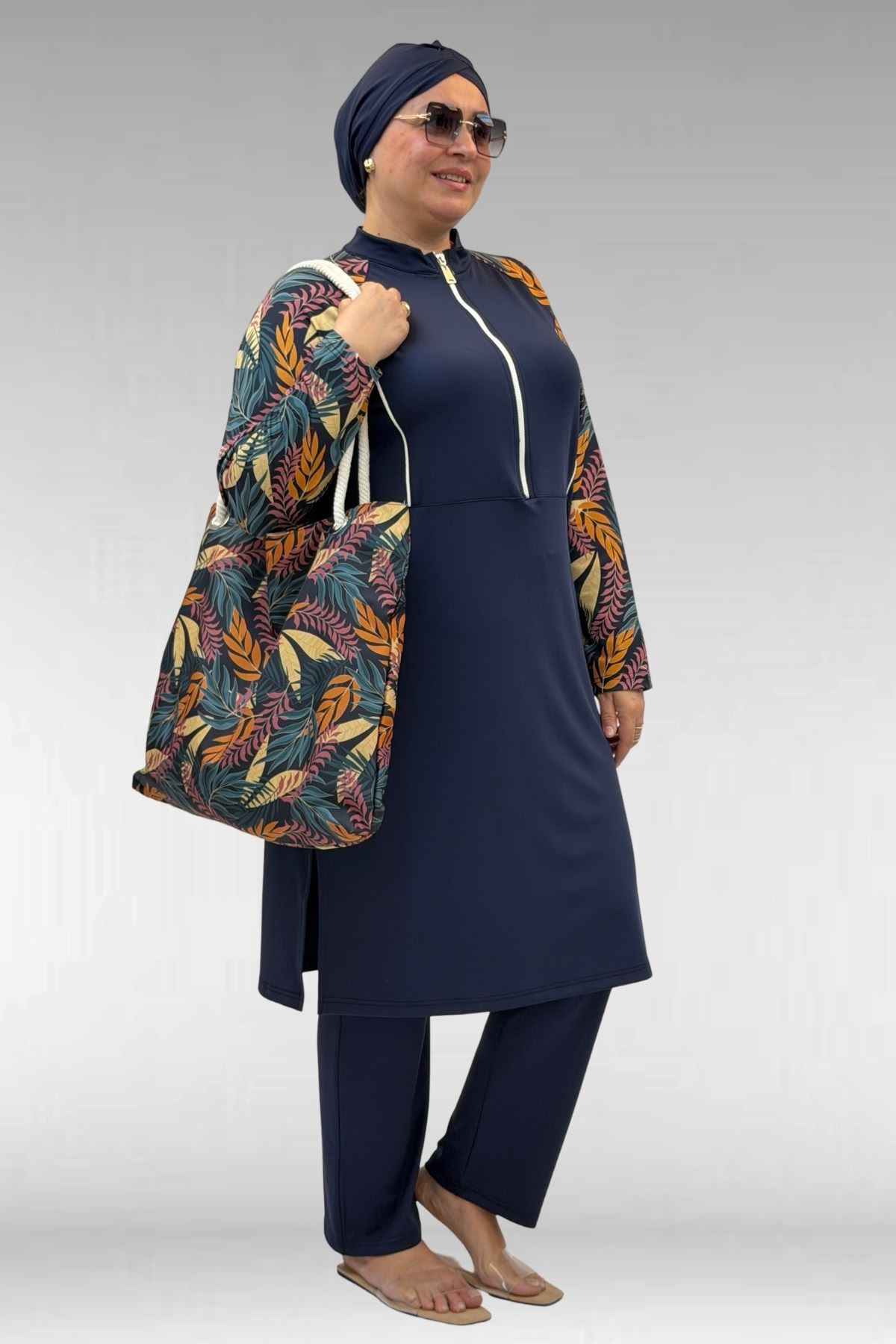 1733 Büyük Beden Fermuarlı Tesettür Mayo - Yaprak Desen Hardal-Laci
