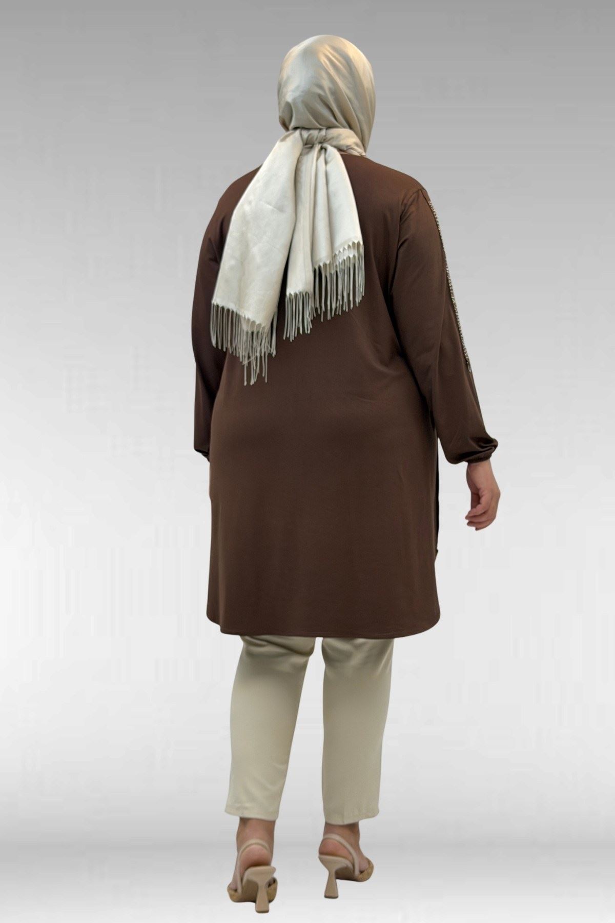 68016 Büyük Beden Yanları Taş Detaylı Penye Tunik - Kahve