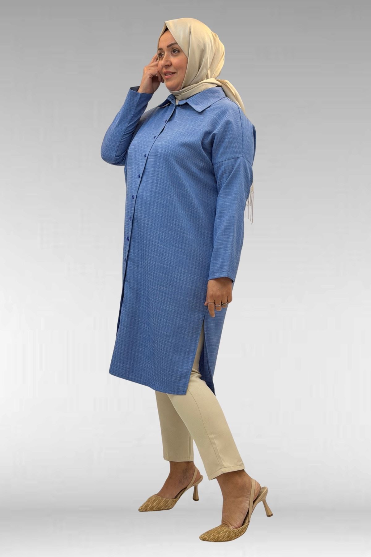 68018 Büyük Beden Düşük Kol Gömlek - İndigo