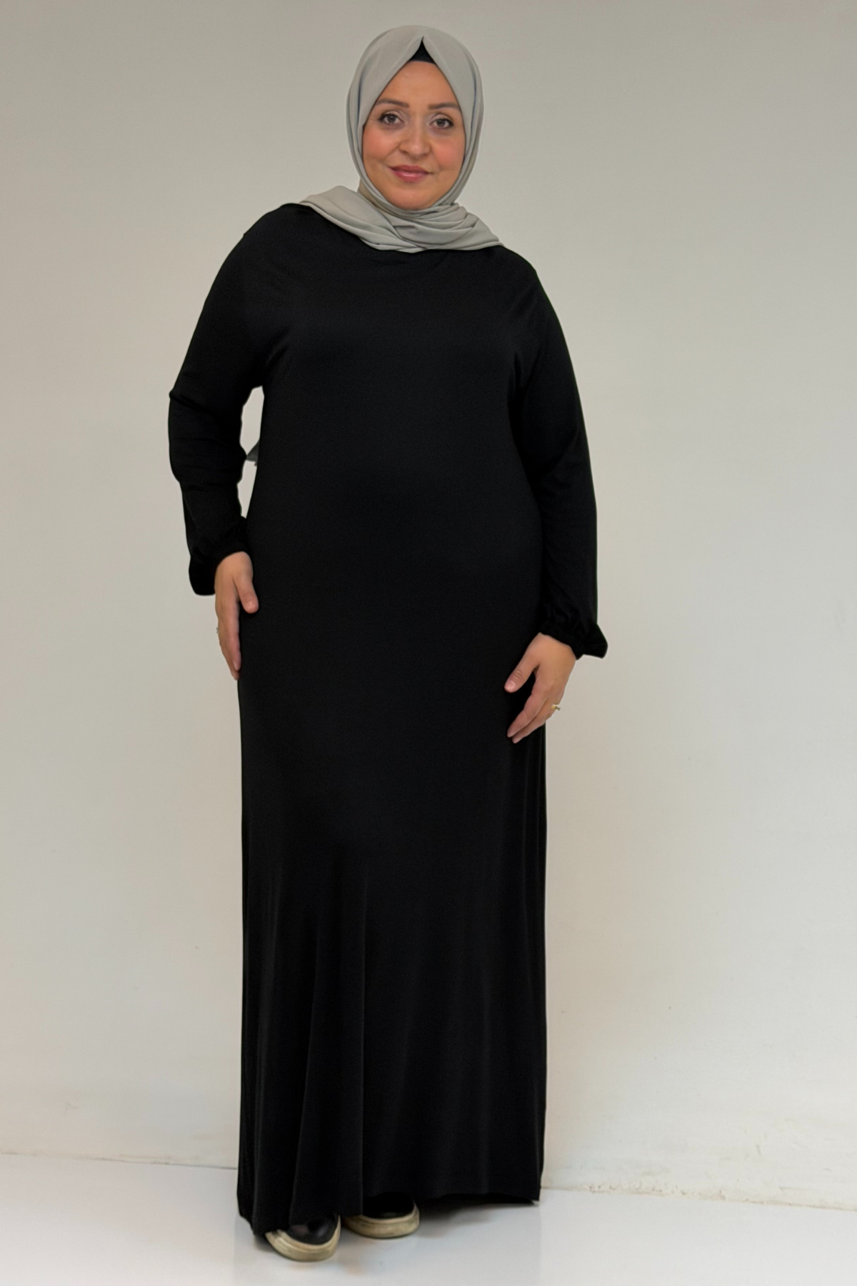 22008 Büyük Beden Kolu Lastikli Penye Elbise - Siyah