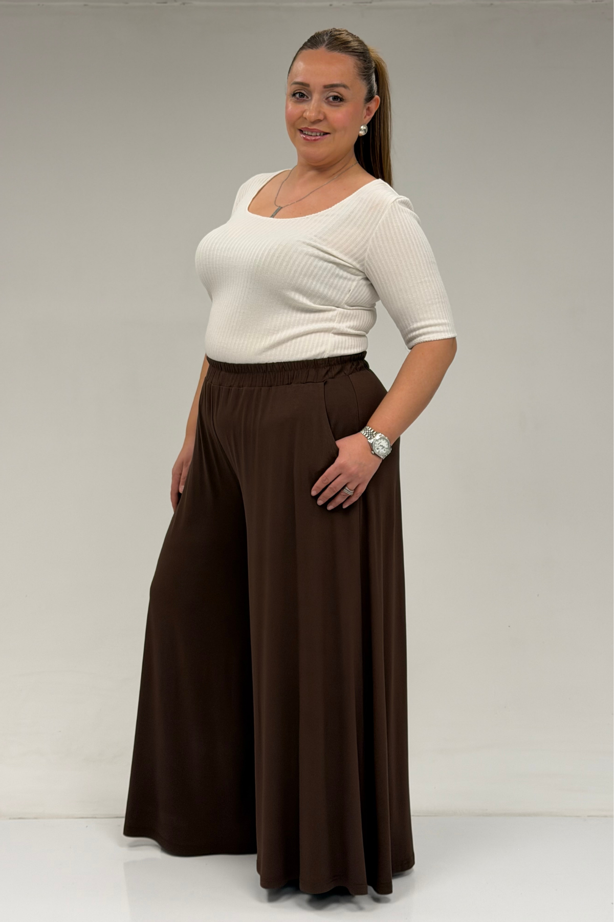 49003 Büyük Beden Beli Lastikli Penye Etek Pantolon - Kahve