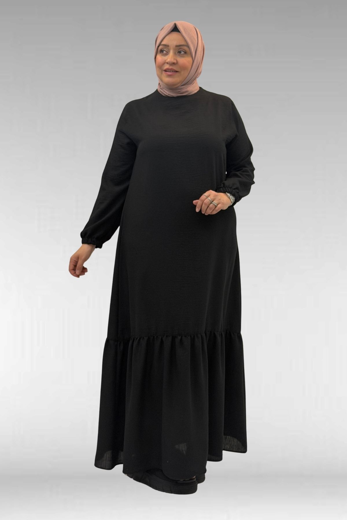 42027 Büyük Beden Eteği Büzgülü  Keten Elbise - Siyah