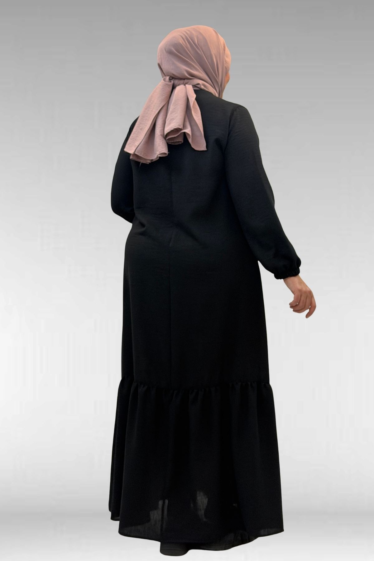 42027 Büyük Beden Eteği Büzgülü  Keten Elbise - Siyah