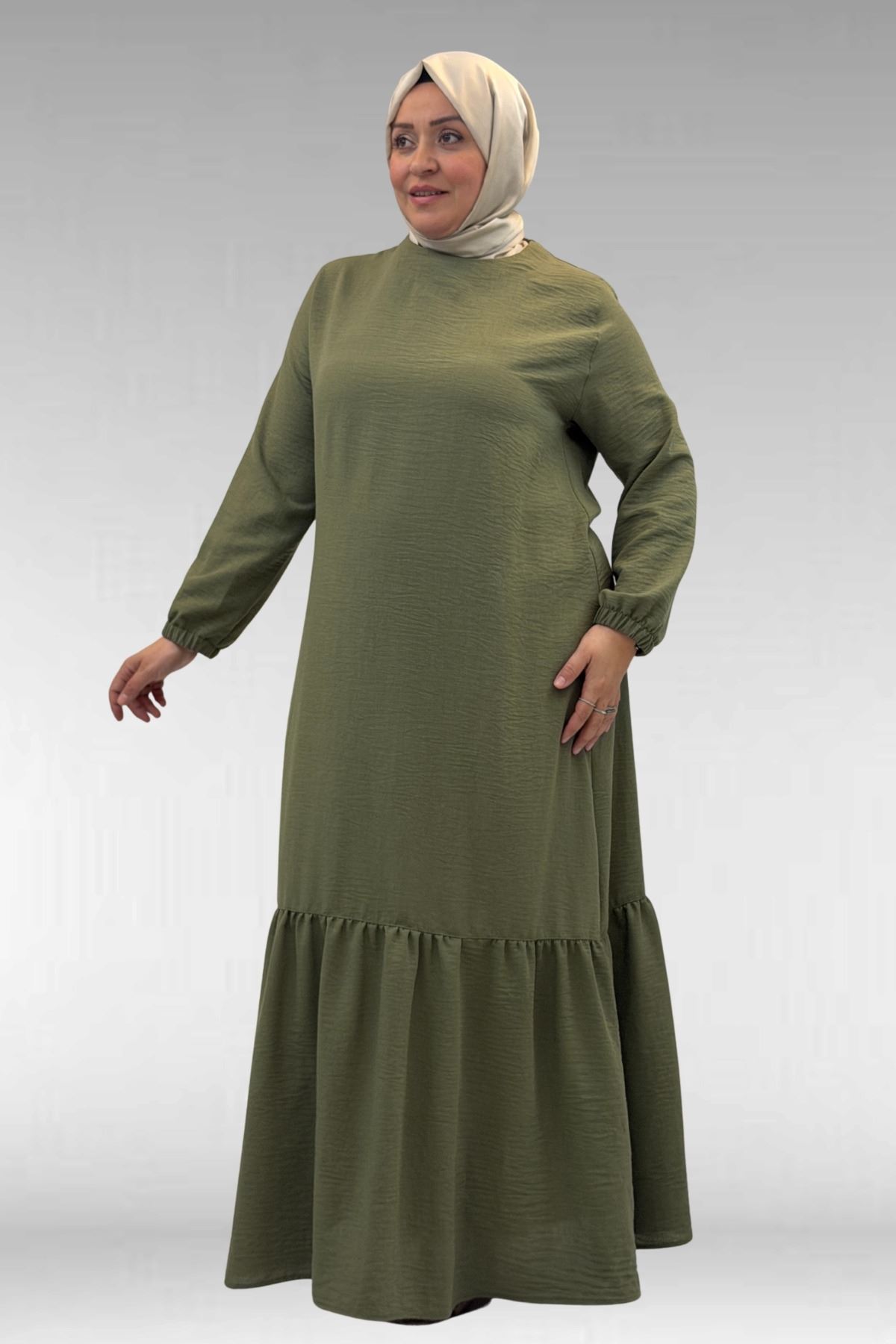 42027 Büyük Beden Eteği Büzgülü  Keten Elbise - Haki