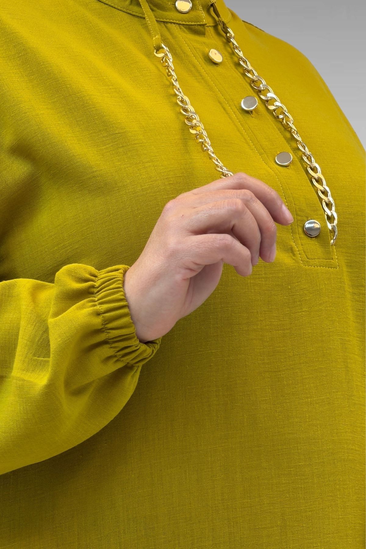 42010 Büyük Beden Keten Airobin Zincir Detaylı Elbise - Yağ Yeşili