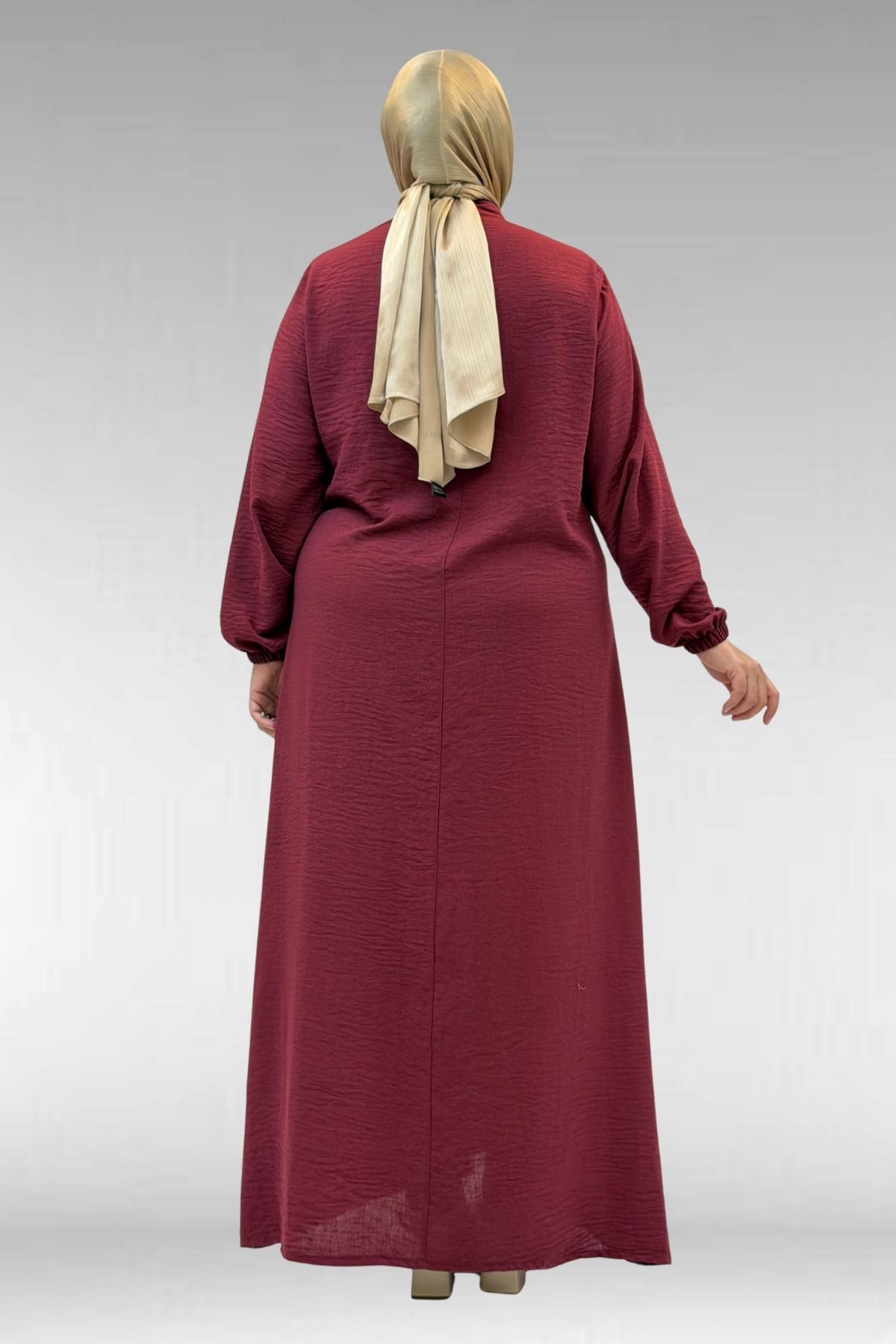 42010 Büyük Beden Keten Airobin Zincir Detaylı Elbise - Bordo