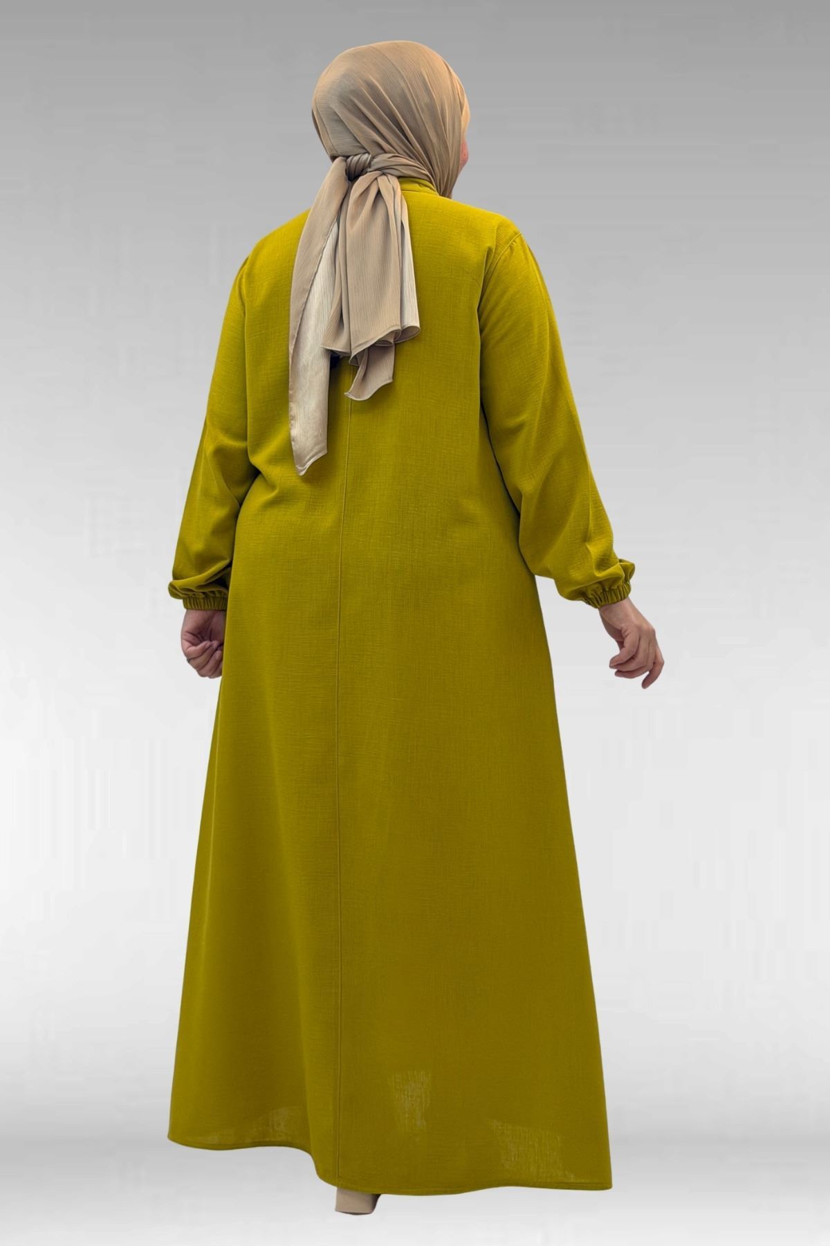 42010 Büyük Beden Keten Airobin Zincir Detaylı Elbise - Yağ Yeşili