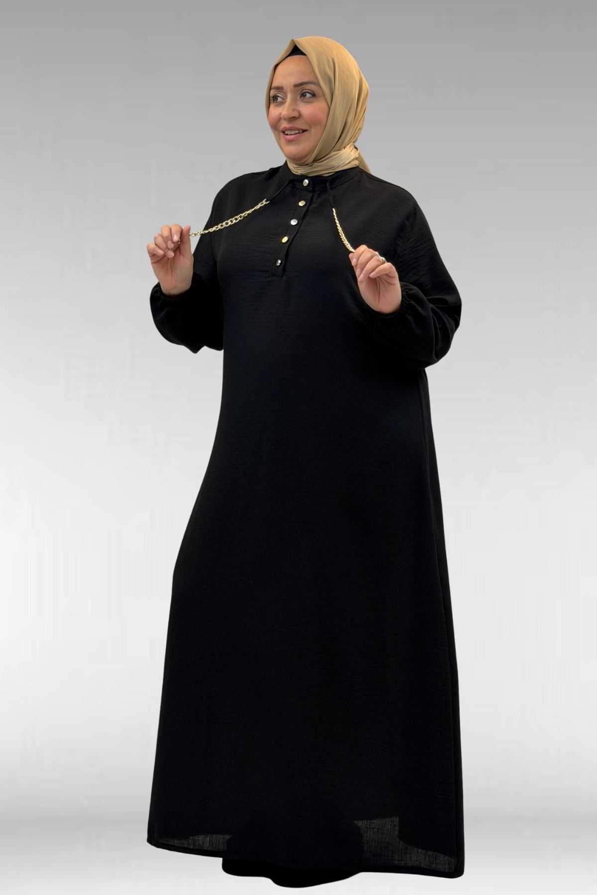 42010 Büyük Beden Keten Airobin Düğmeli Elbise-Siyah