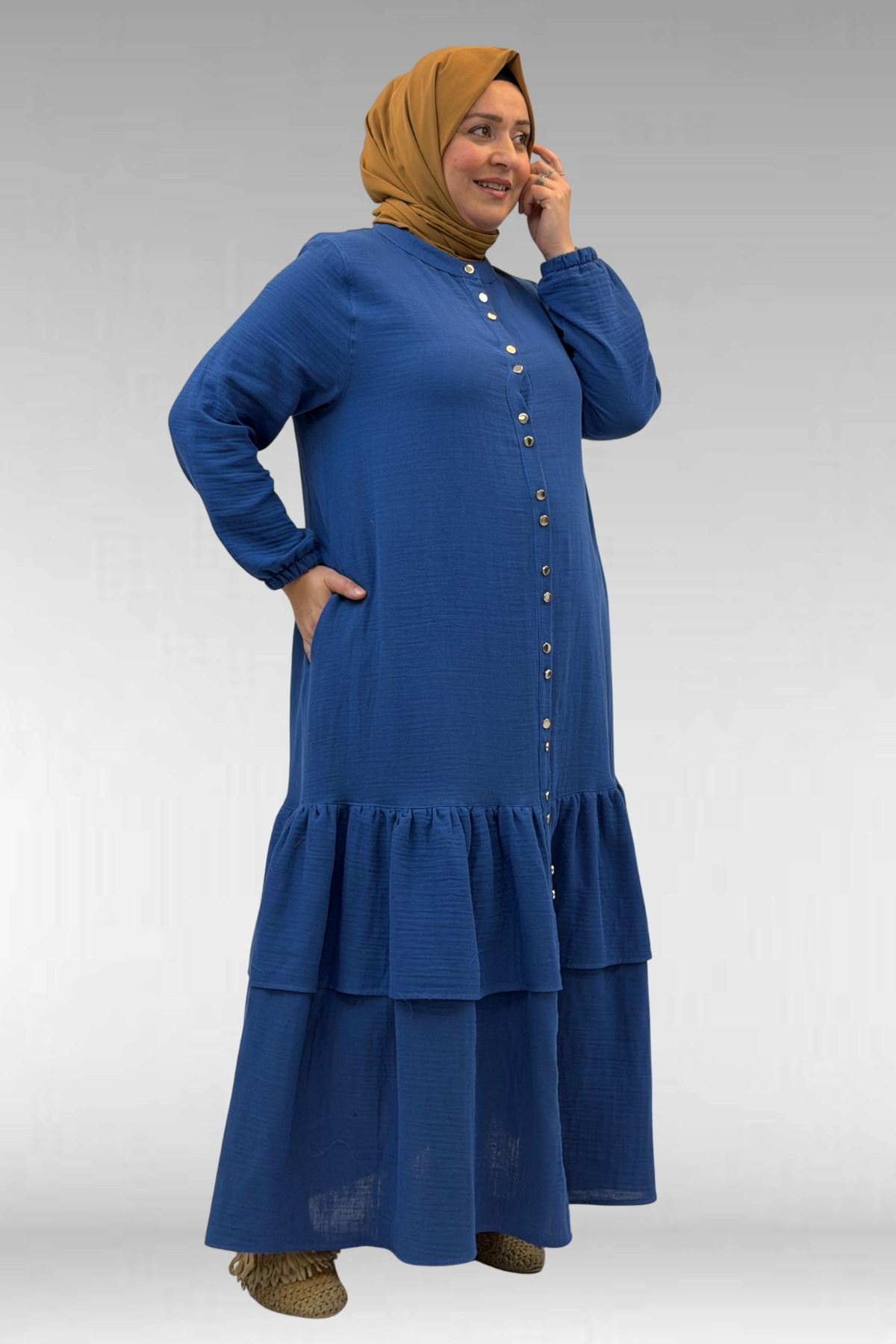 66002 Büyük Beden Eteği Fırfırlı Kolları Lastikli Müslin Ferace - İndigo