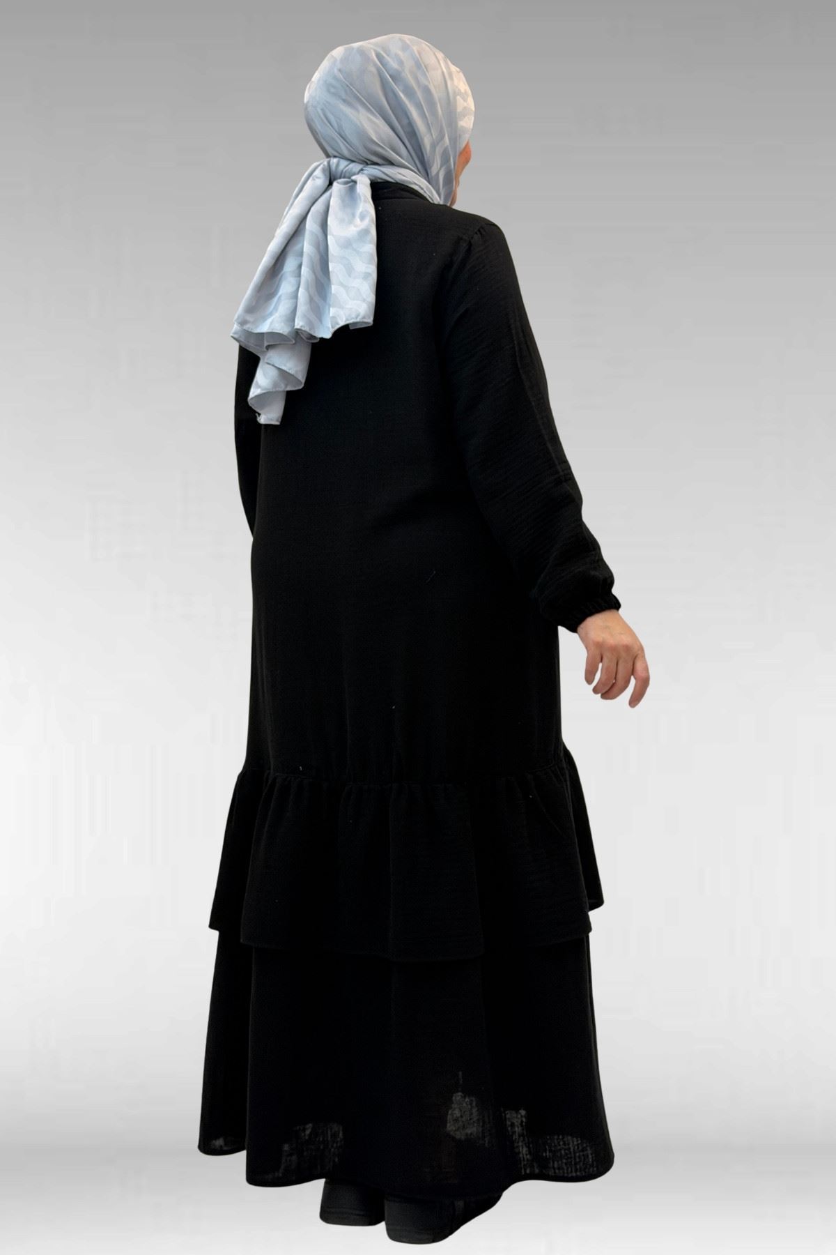 66002 Büyük Beden Eteği Fırfırlı Kolları Lastikli Müslin Ferace - Siyah