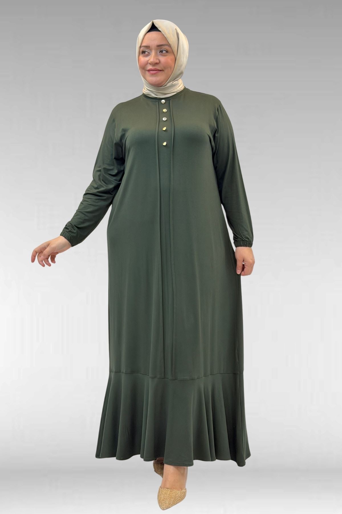 62006 Büyük Beden Önü Çıma Detaylı Penye Elbise - Haki