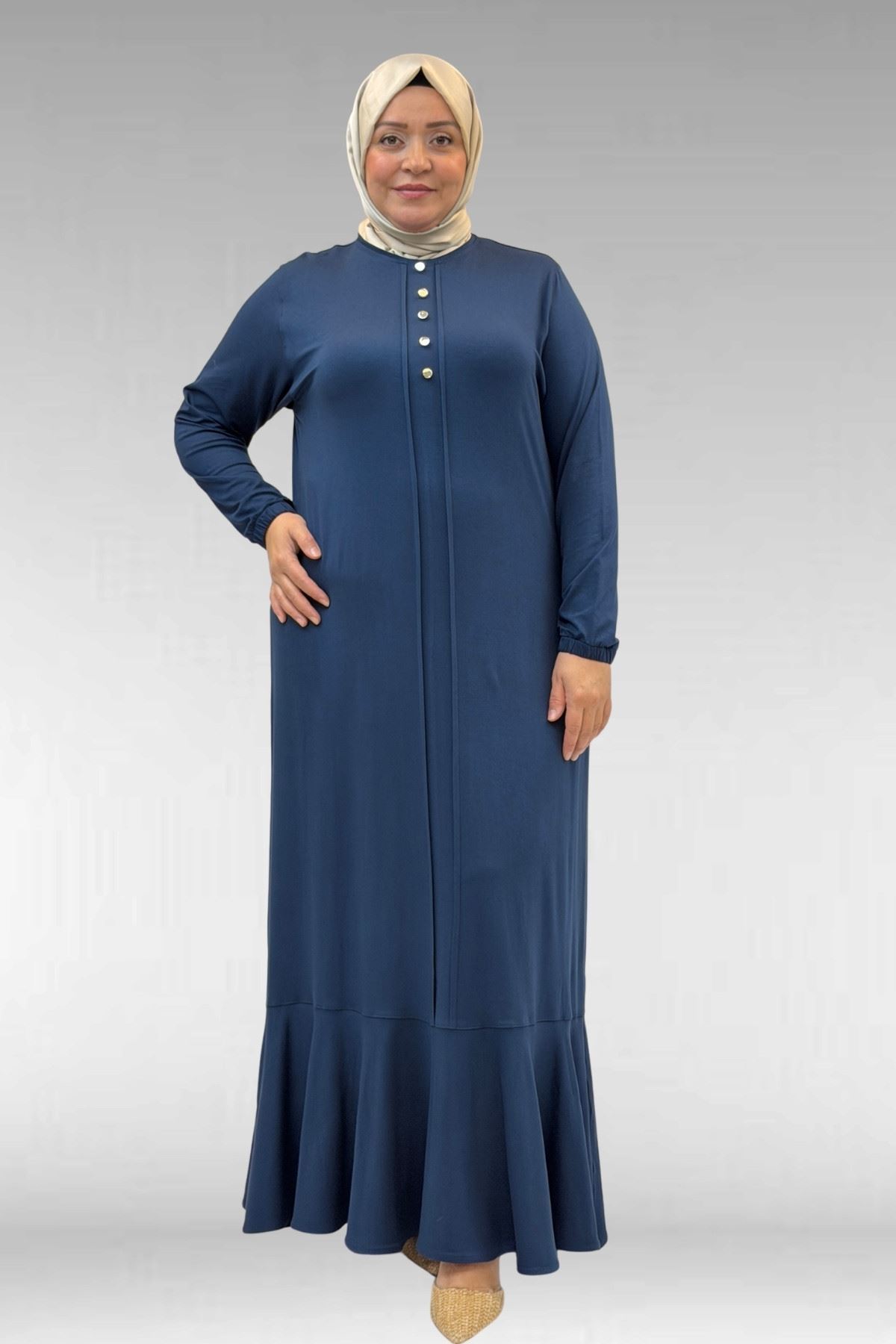 62006 Büyük Beden Önü Çıma Detaylı Penye Elbise - Petrol