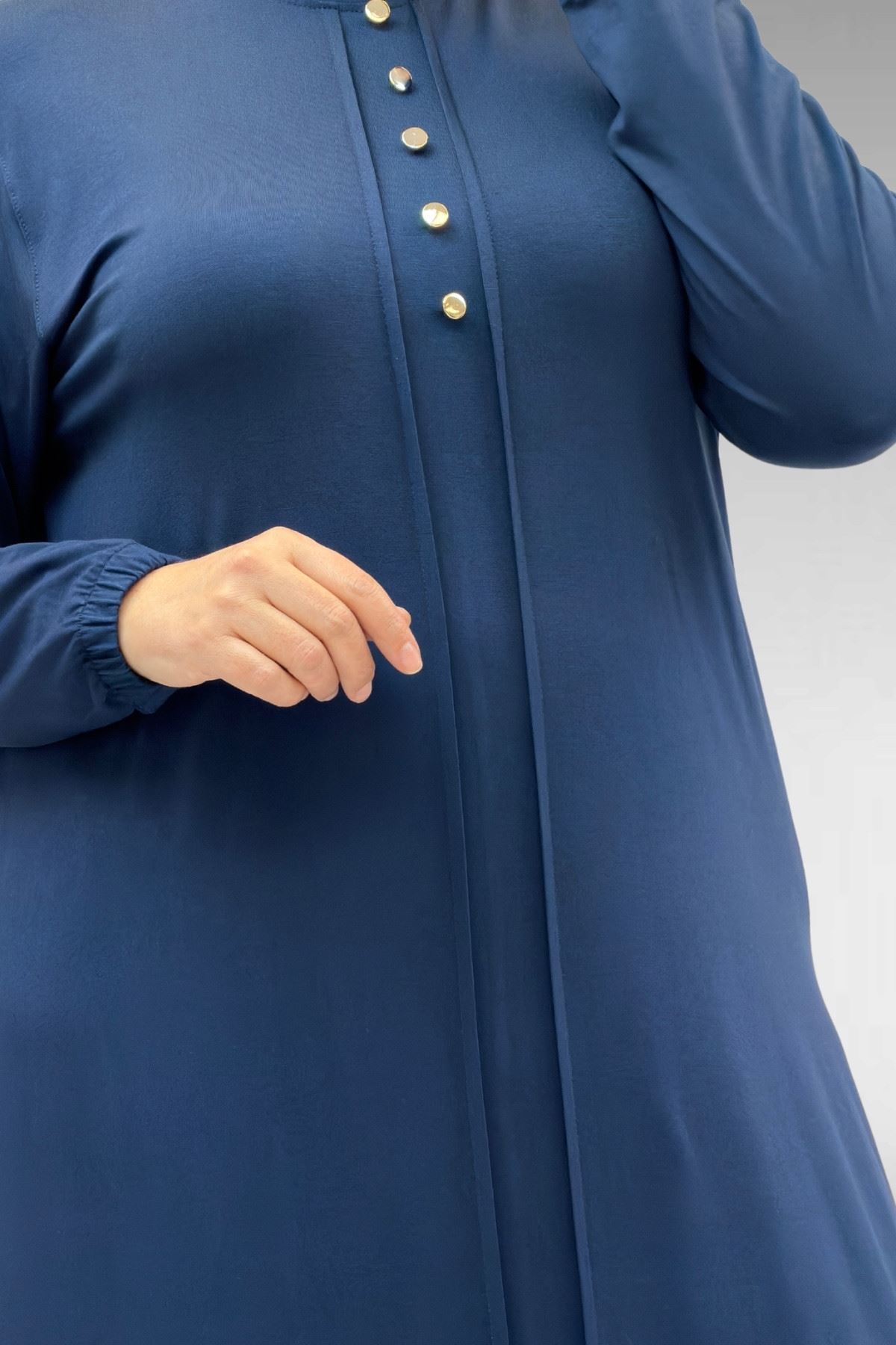 62006 Büyük Beden Önü Çıma Detaylı Penye Elbise - Petrol