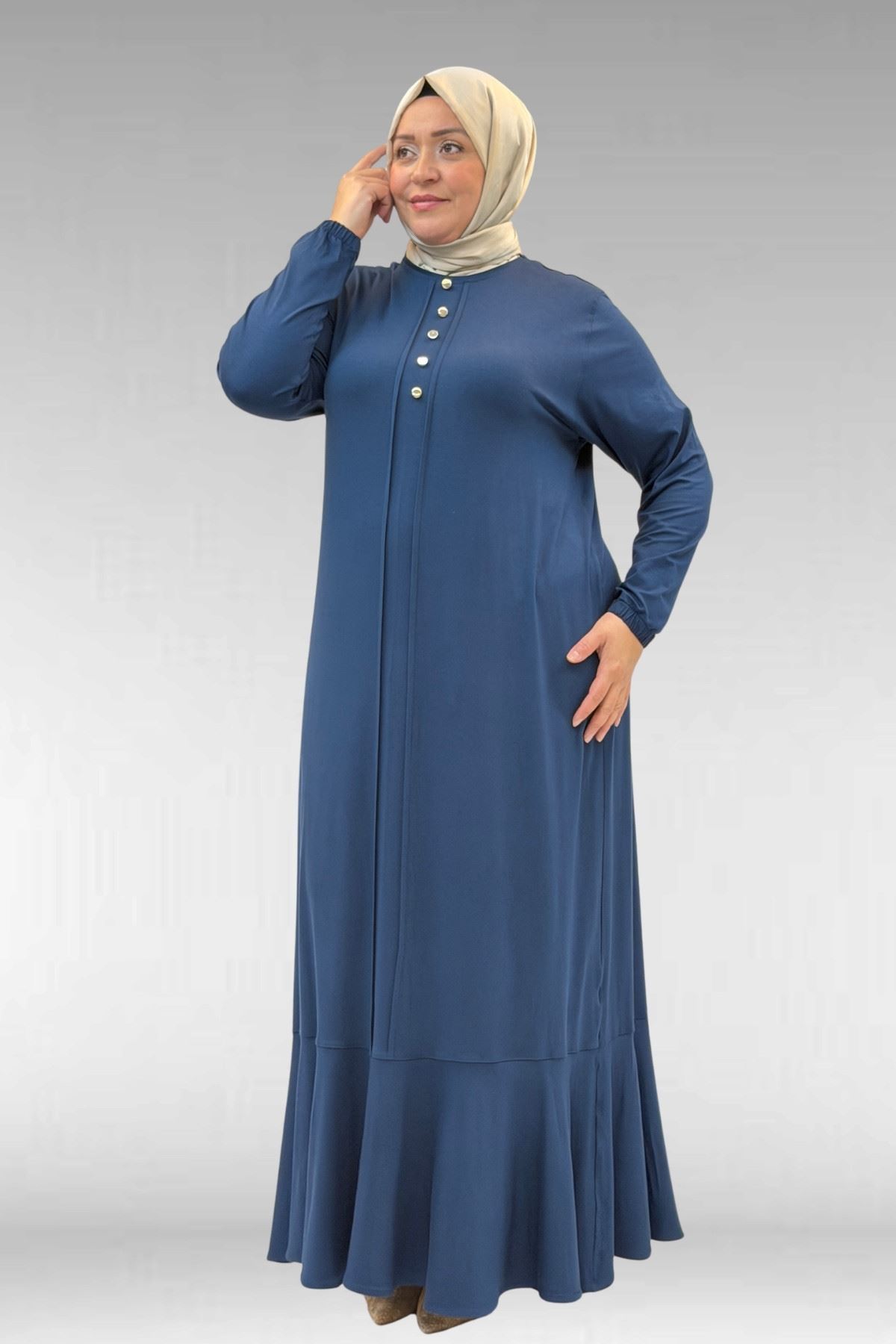 62006 Büyük Beden Önü Çıma Detaylı Penye Elbise - Petrol