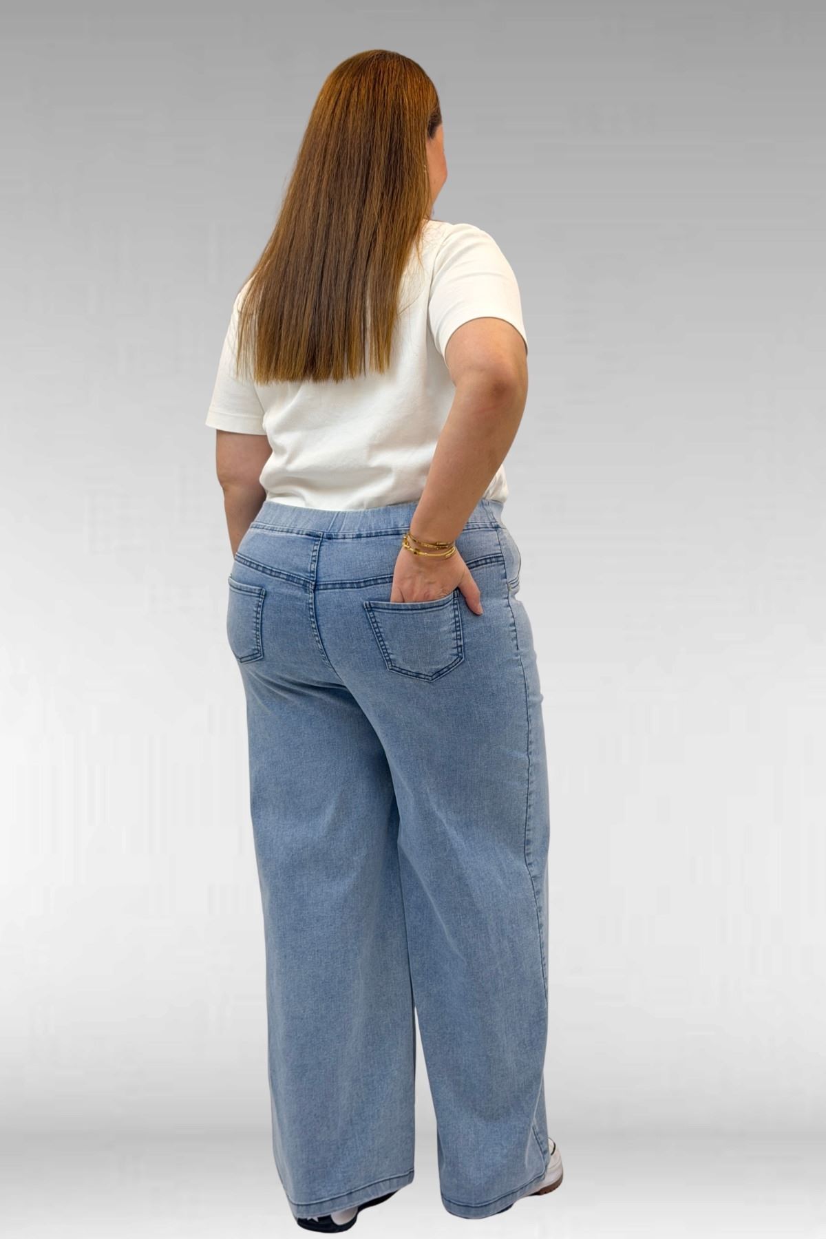 9182-10 Büyük Beden Bolpaça Beli Lastikli Kot Pantolon - Kar Yıkama Buz Mavi