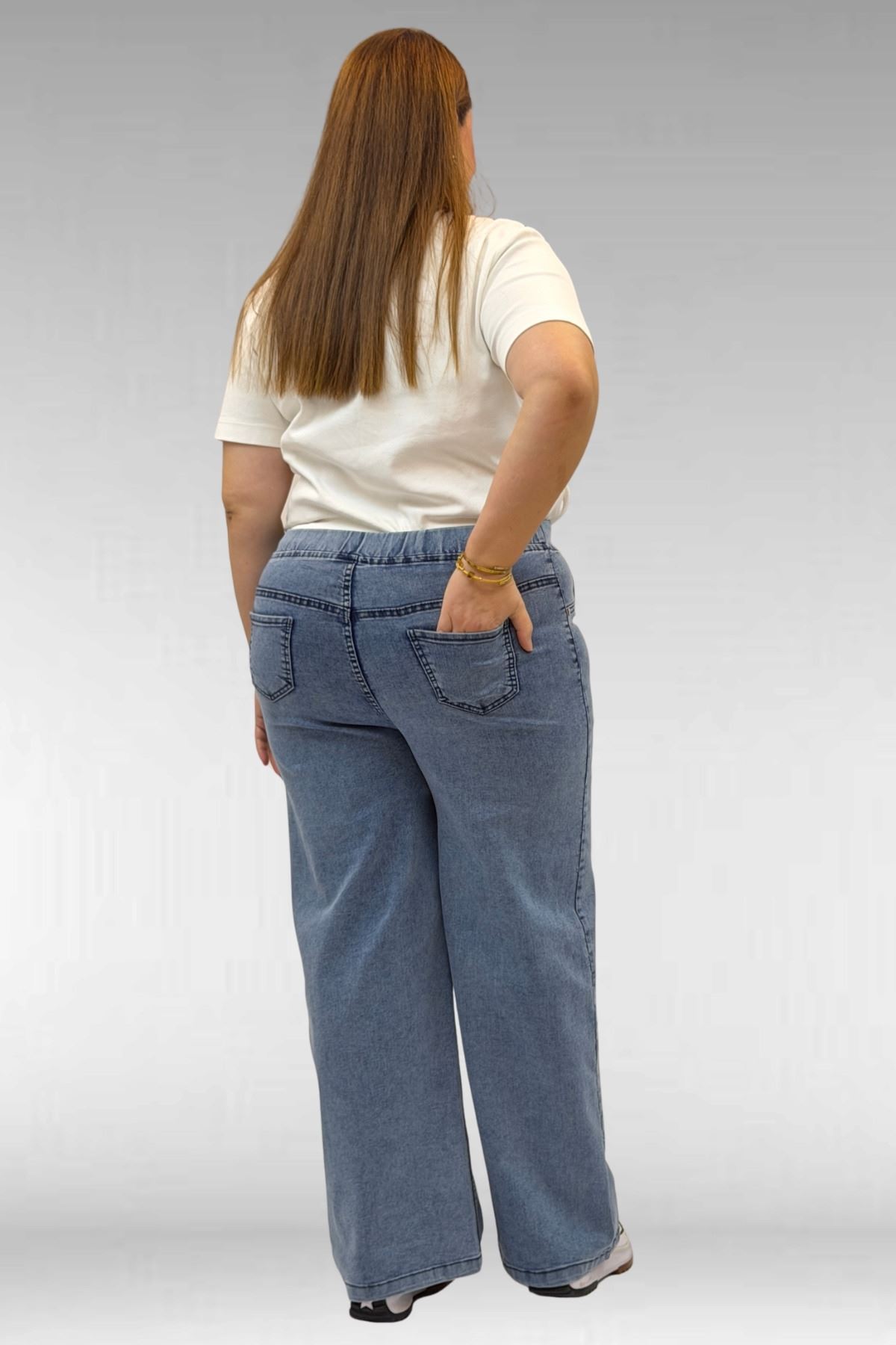 9182-10 Büyük Beden Bolpaça Beli Lastikli Kot Pantolon - Kar Yıkama Mavi