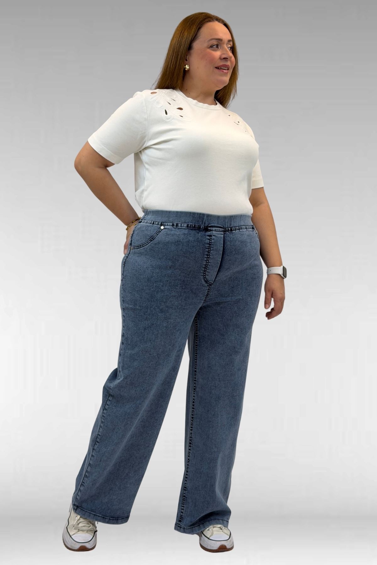 9182-10 Büyük Beden Bolpaça Beli Lastikli Kot Pantolon - Kar Yıkama Lacivert