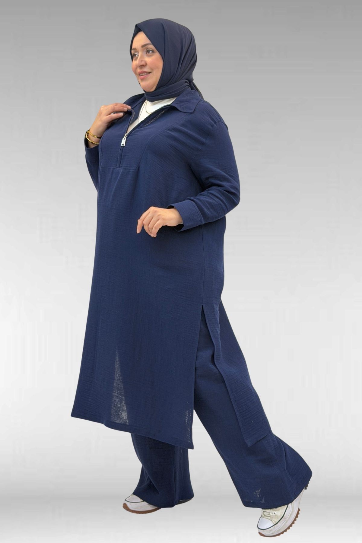 67026 Büyük Beden Erkek Yaka Yarım Fermuarlı Müslin Pantolonlu Takım - Lacivert