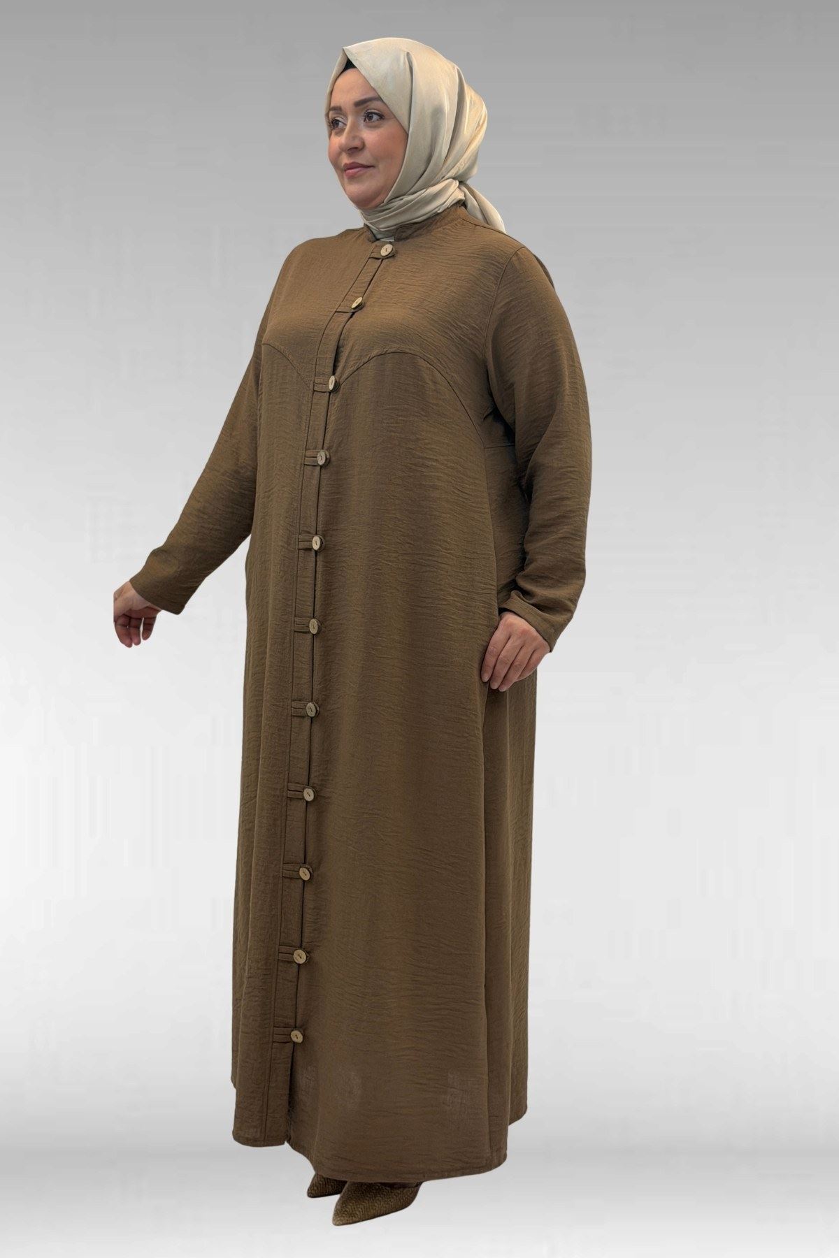 66003 Büyük Beden Boydan Düğmeli Keten Ferace - Vizon