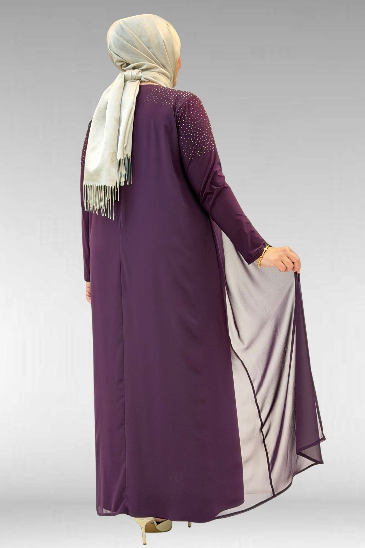 42003 Büyük Beden Taş Detaylı Sandy-Şifon Elbise - Mürdüm