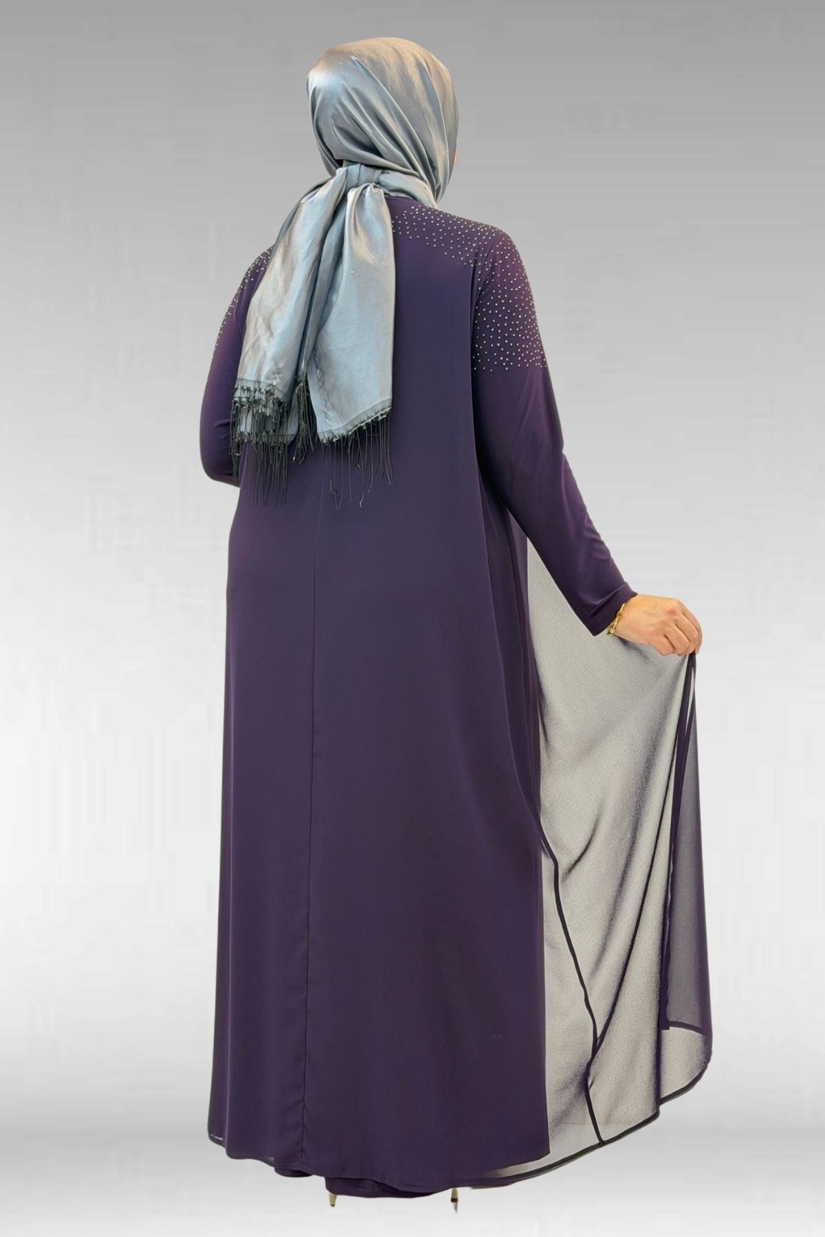 42003 Büyük Beden Taş Detaylı Sandy-Şifon Elbise - Mor