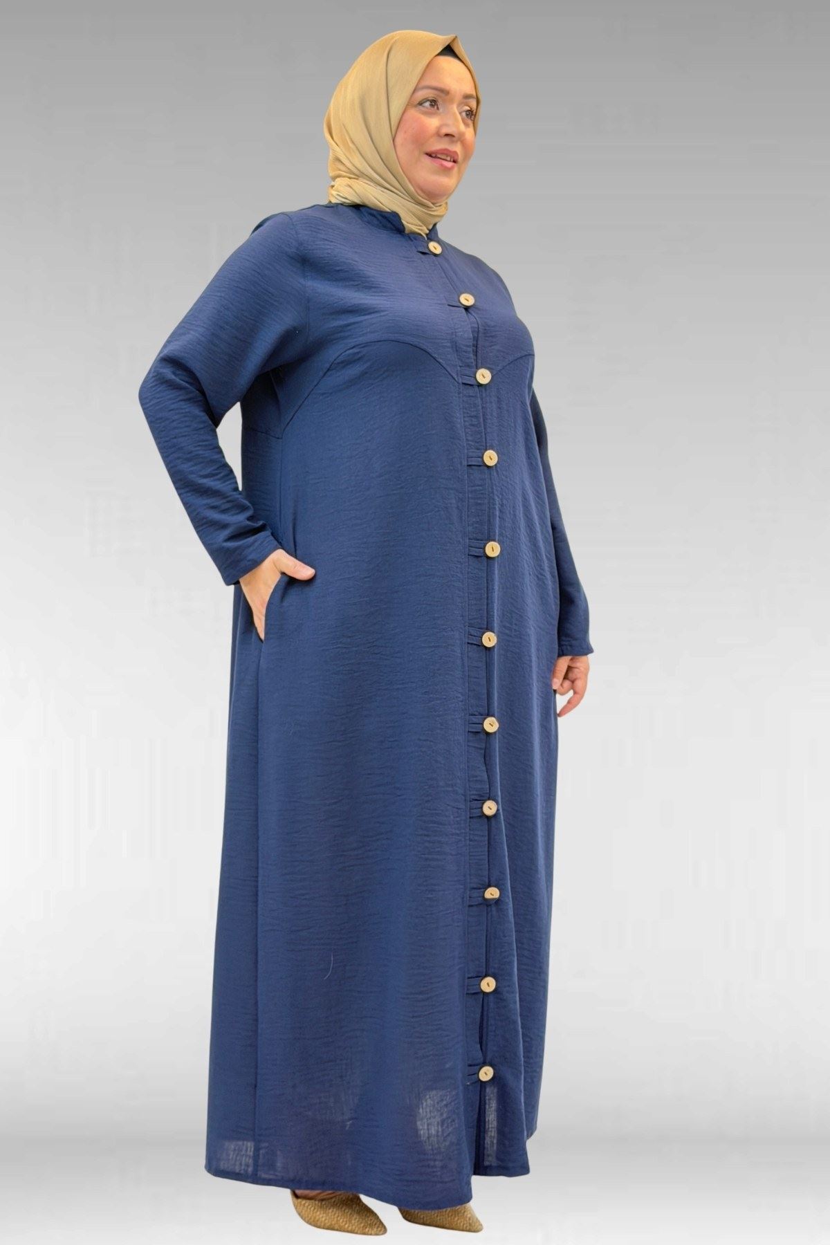 66003 Büyük Beden Boydan Düğmeli Keten Ferace - Lacivert