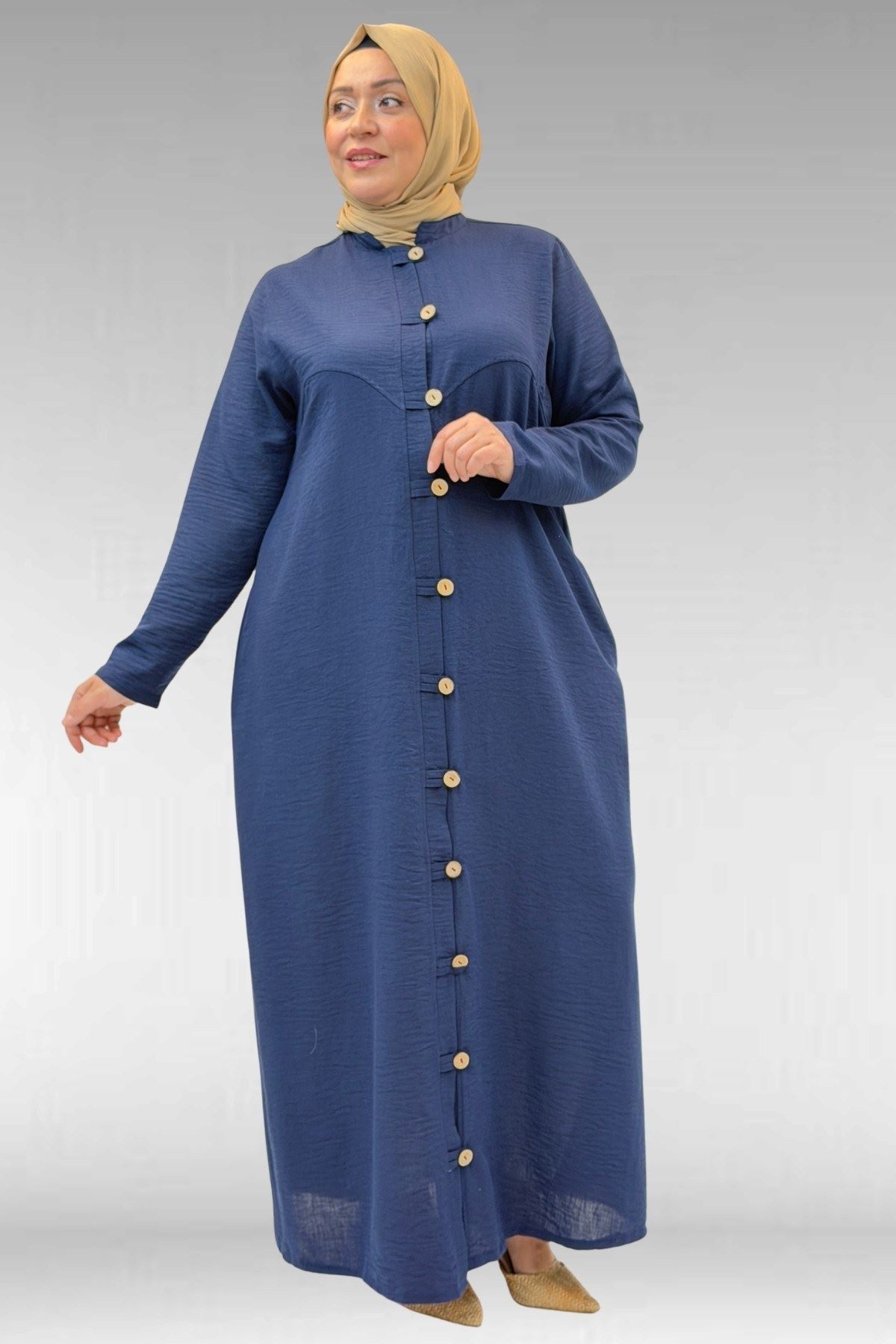 66003 Büyük Beden Boydan Düğmeli Keten Ferace - Lacivert