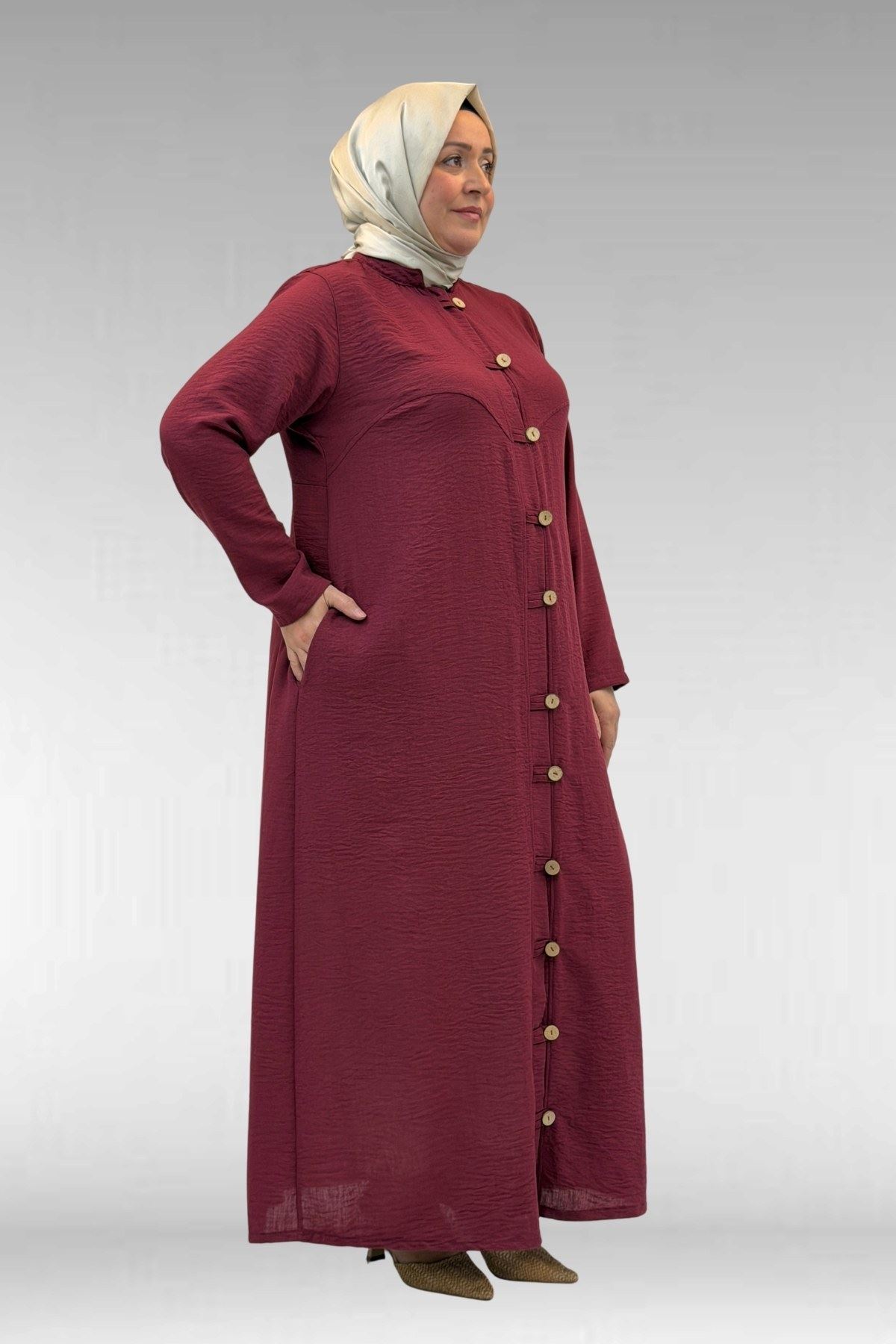 66003 Büyük Beden Boydan Düğmeli Keten Ferace - Bordo