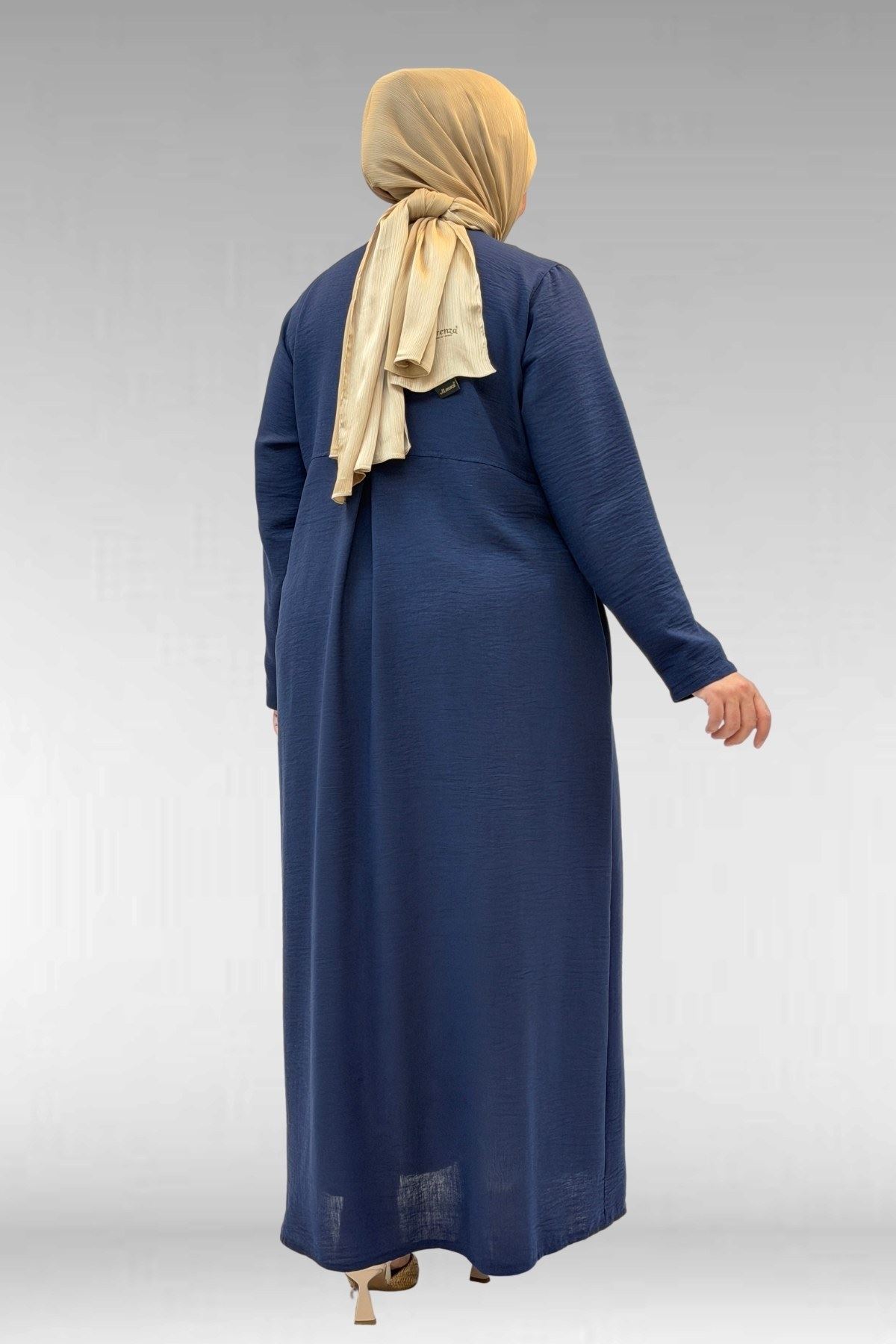 66003 Büyük Beden Boydan Düğmeli Keten Ferace - Lacivert