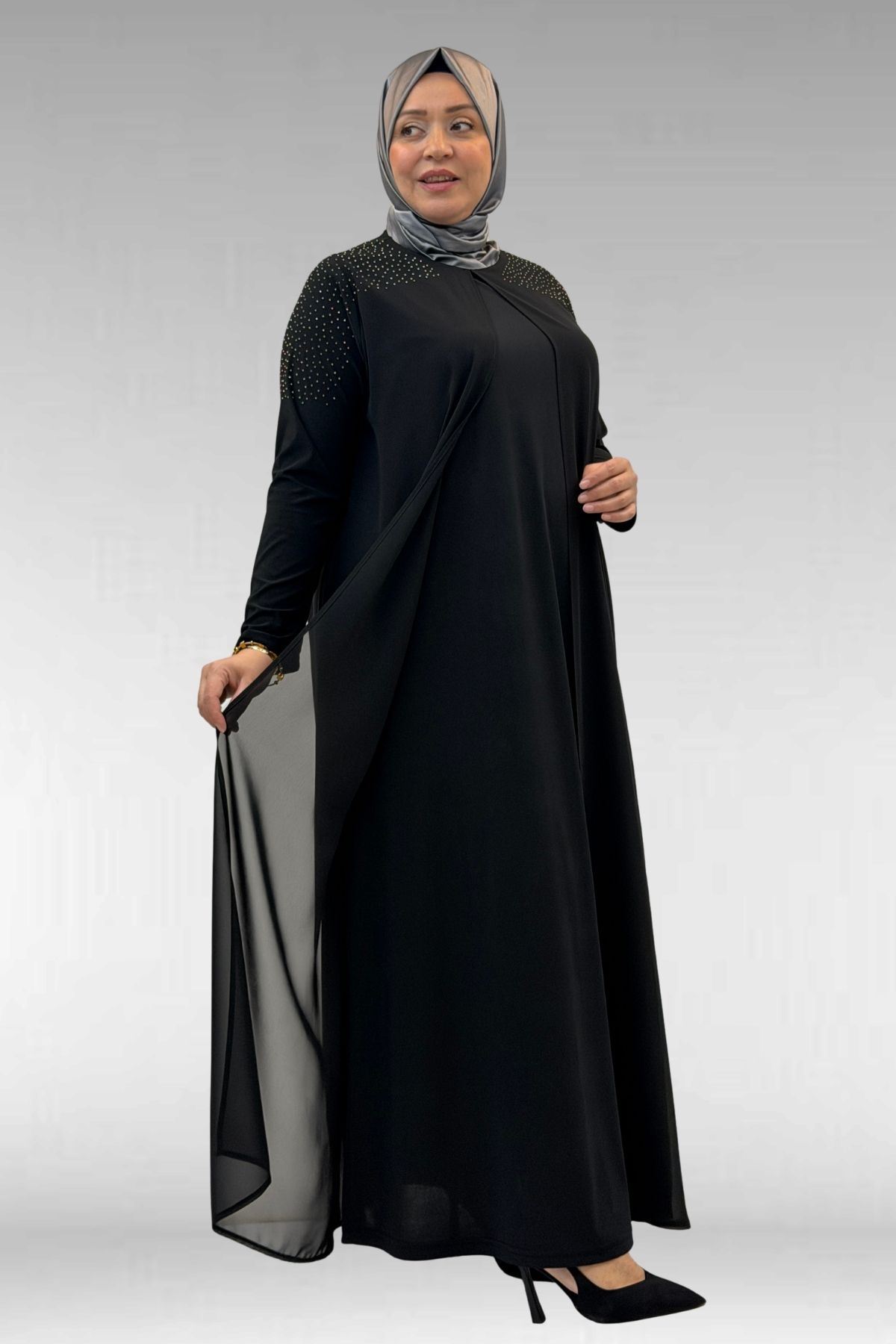 42003 Büyük Beden Taş Detaylı Sandy-Şifon Elbise - Siyah