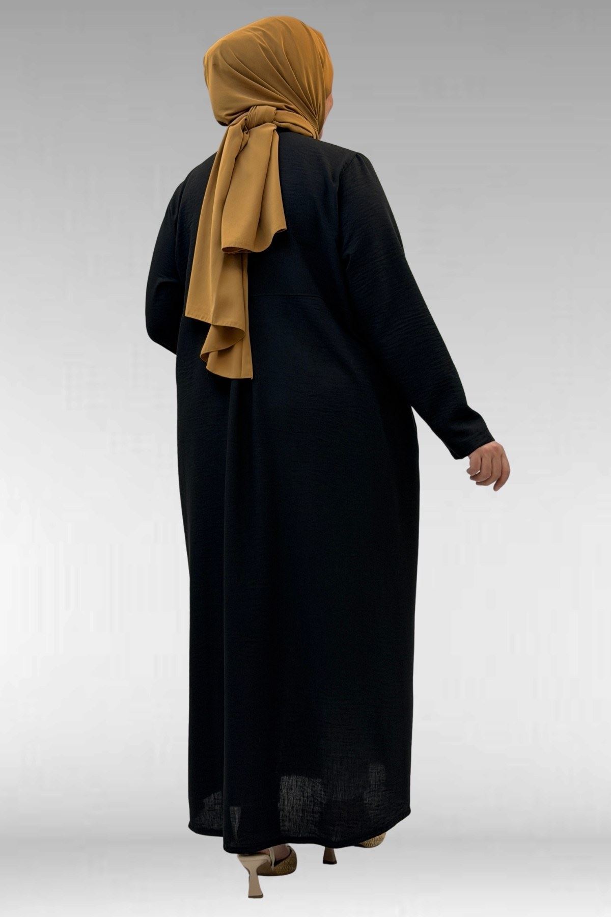 66003 Büyük Beden Boydan Düğmeli Keten Ferace - Siyah