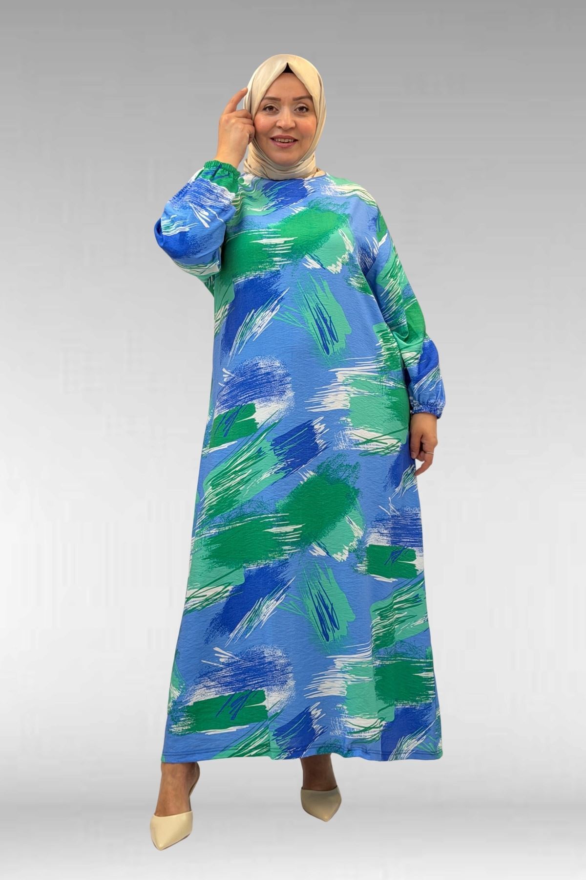 62007 Büyük Beden Kolu Lastikli Elbise - Desenli Mavi