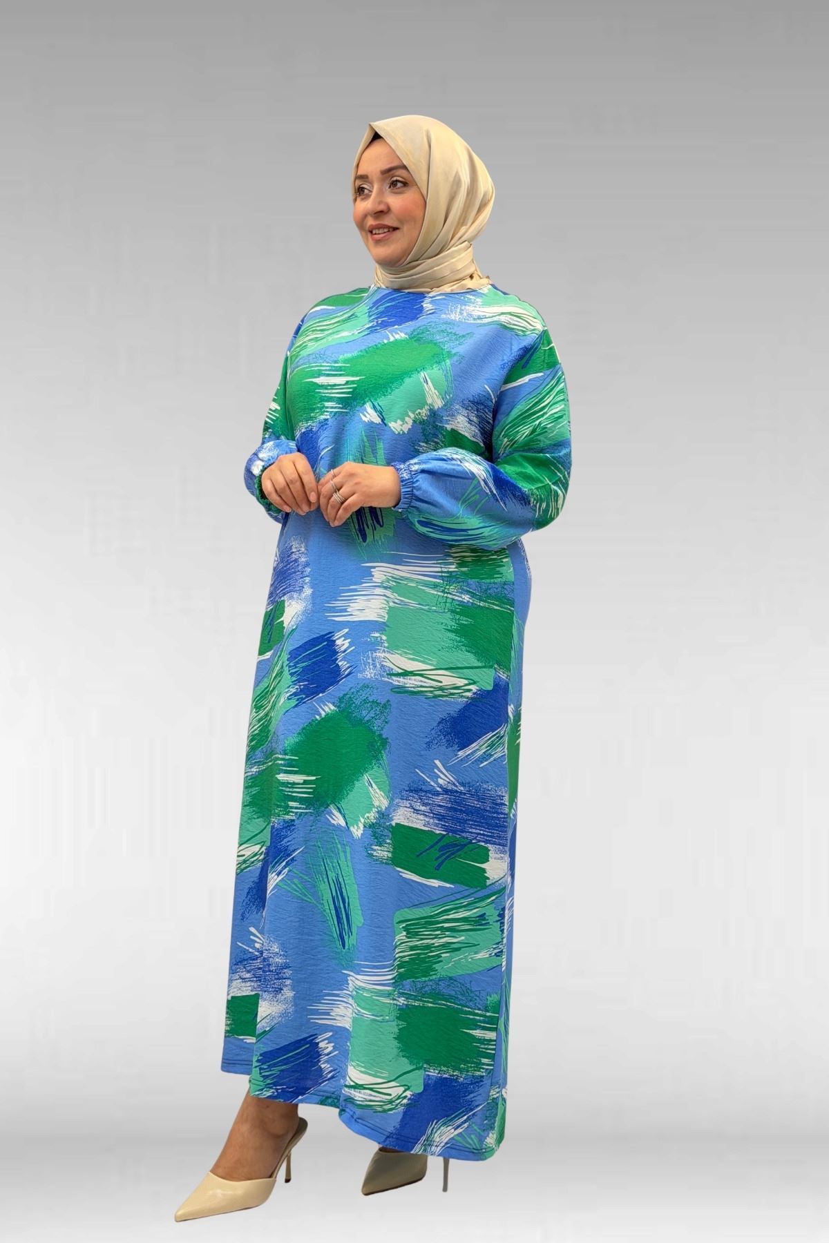 62007 Büyük Beden Kolu Lastikli Elbise - Desenli Mavi