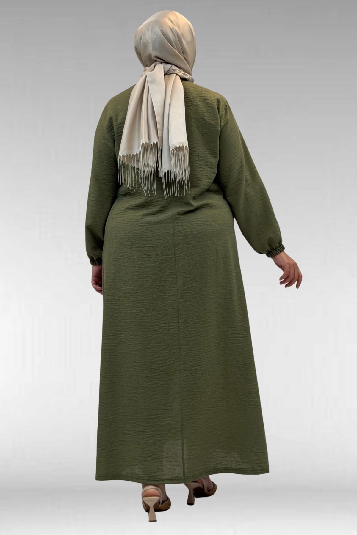 62007 Büyük Beden Kolu Lastikli Elbise - Haki