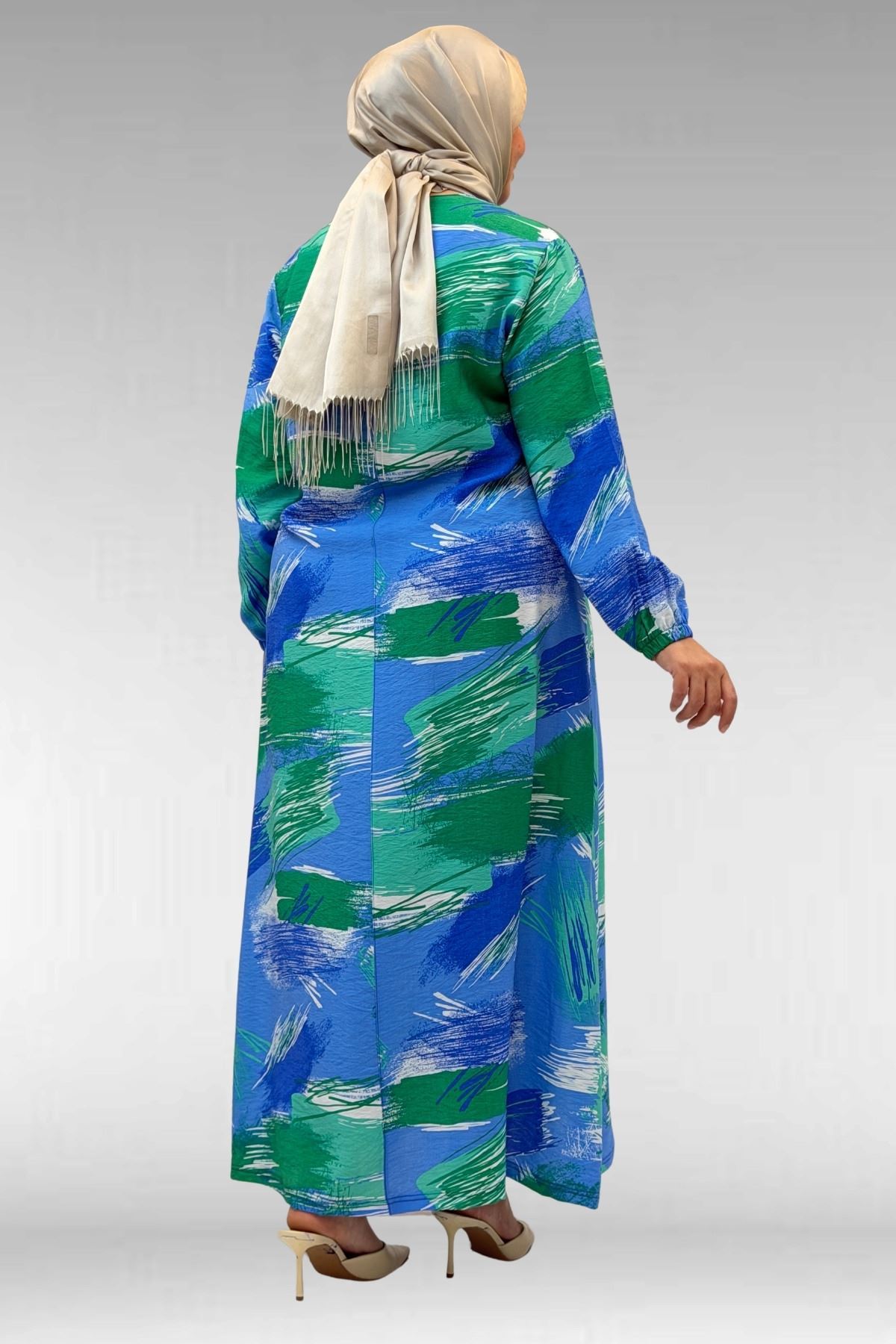 62007 Büyük Beden Kolu Lastikli Elbise - Desenli Mavi