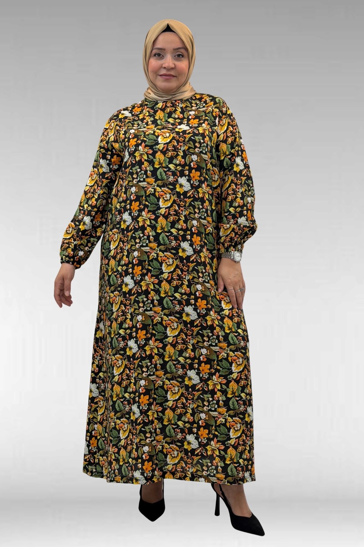 62007 Büyük Beden Kolu Lastikli Elbise - Desenli Siyah