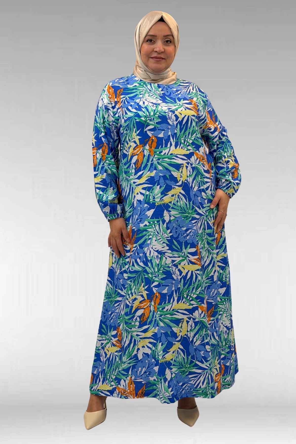 62007 Büyük Beden Kolu Lastikli Elbise - Desenli Saks