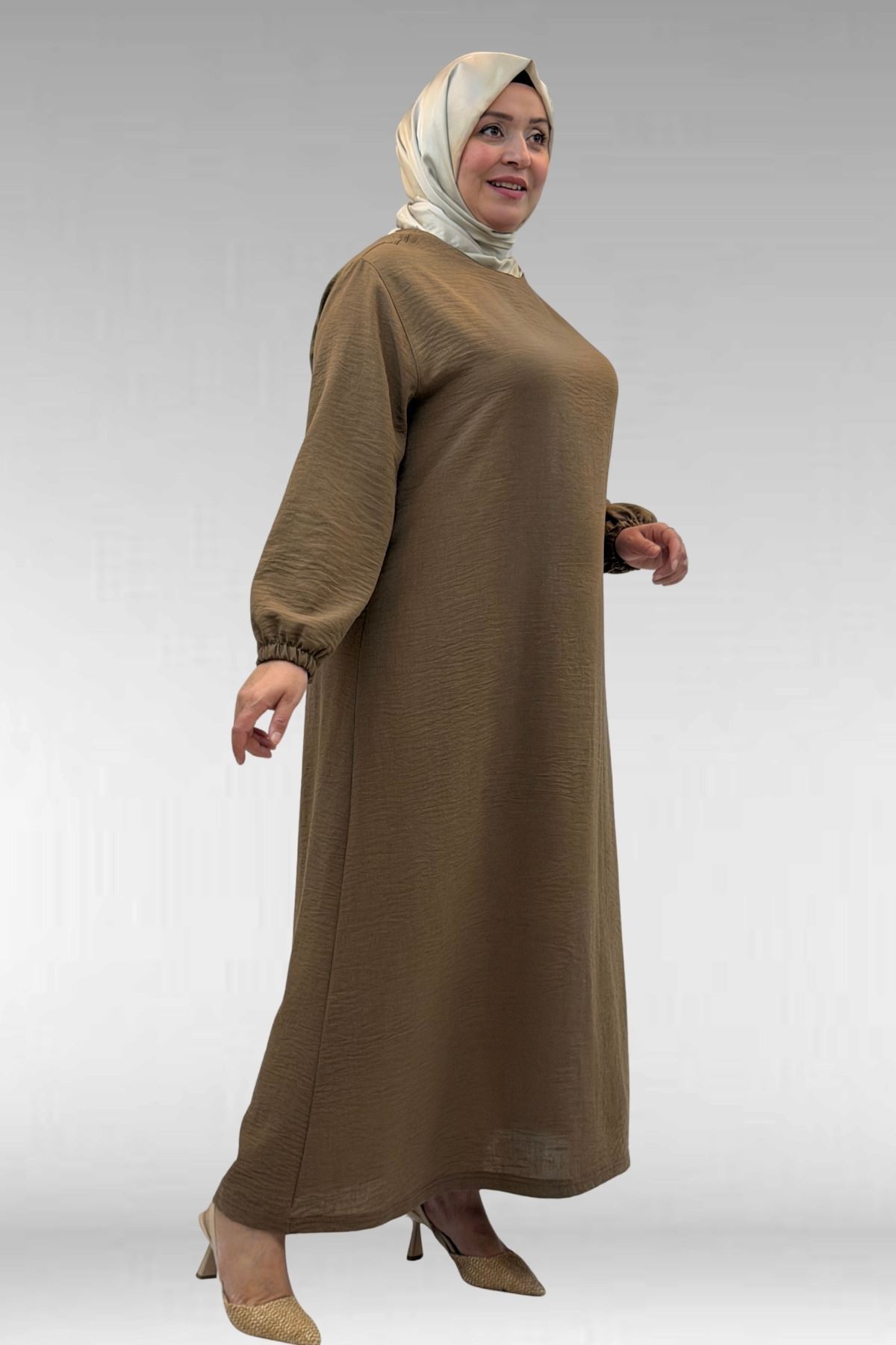 62007 Büyük Beden Kolu Lastikli Elbise - Vizon