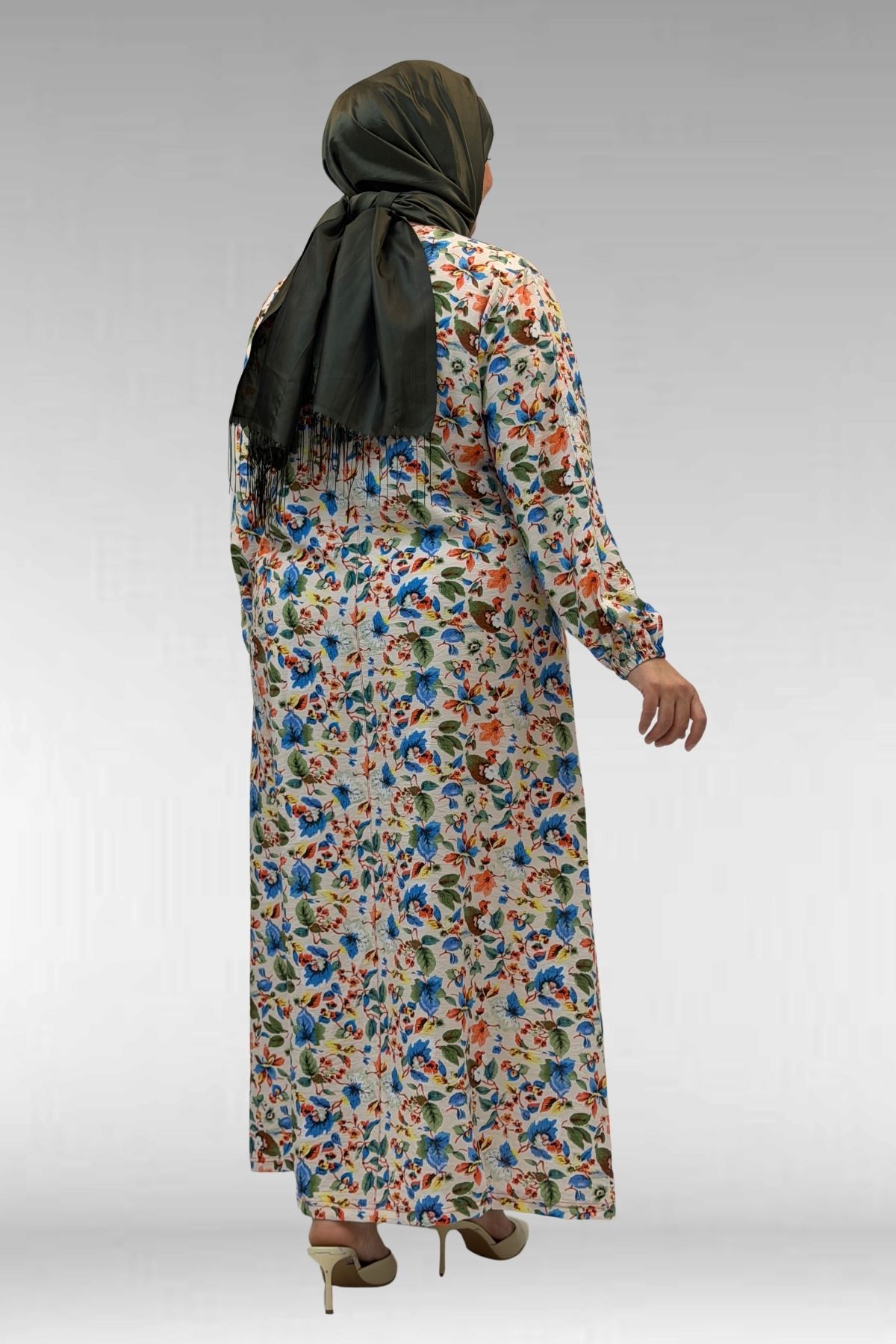 62007 Büyük Beden Kolu Lastikli Elbise - Desenli Taş