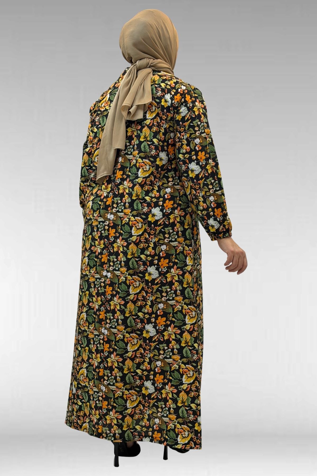 62007 Büyük Beden Kolu Lastikli Elbise - Desenli Siyah