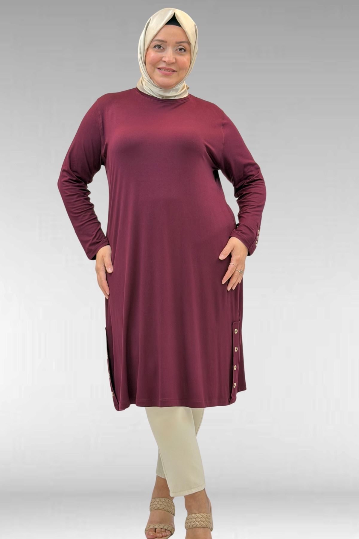 68029 Büyük Beden Yanları Kuşgözü Detaylı Penye Tunik - Bordo