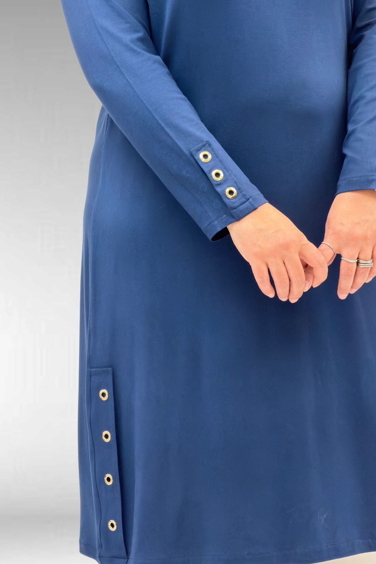 68029 Büyük Beden Yanları Kuşgözü Detaylı Penye Tunik - Petrol