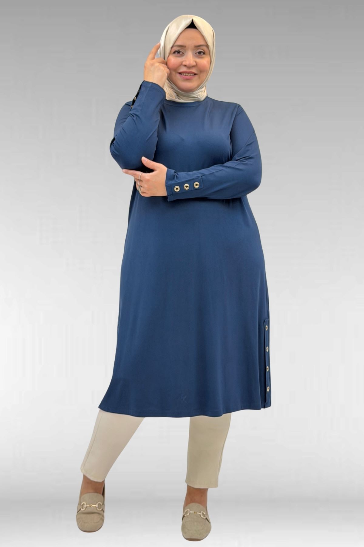 68029 Büyük Beden Yanları Kuşgözü Detaylı Penye Tunik - Petrol