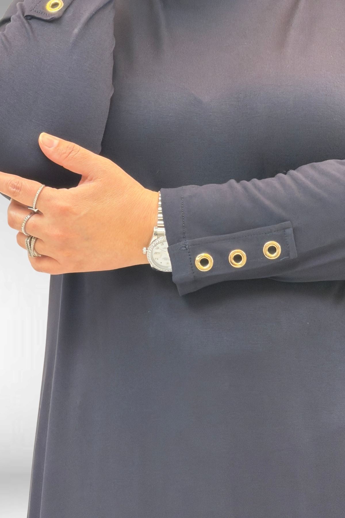 68029 Büyük Beden Yanları Kuşgözü Detaylı Penye Tunik - Koyu Lacivert